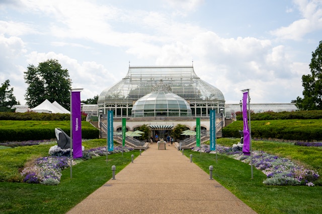 Exterior wide front of Phipps Conservatory and Botanical Gardens in the Oakland neighborhood of Pittsburgh
