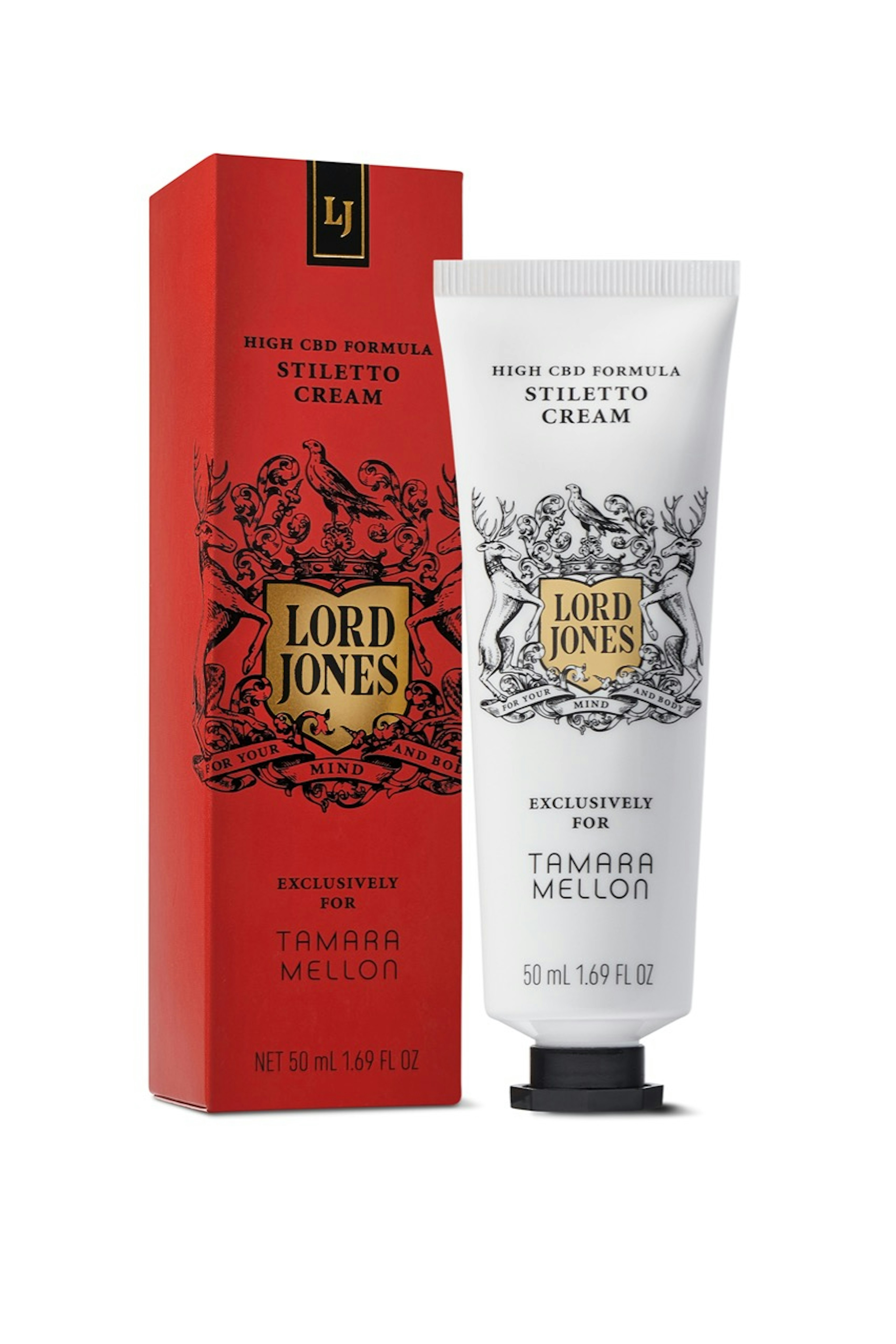 Lord Jones + Tamara Mellon High CBD Formula Stiletto Cream tube and box