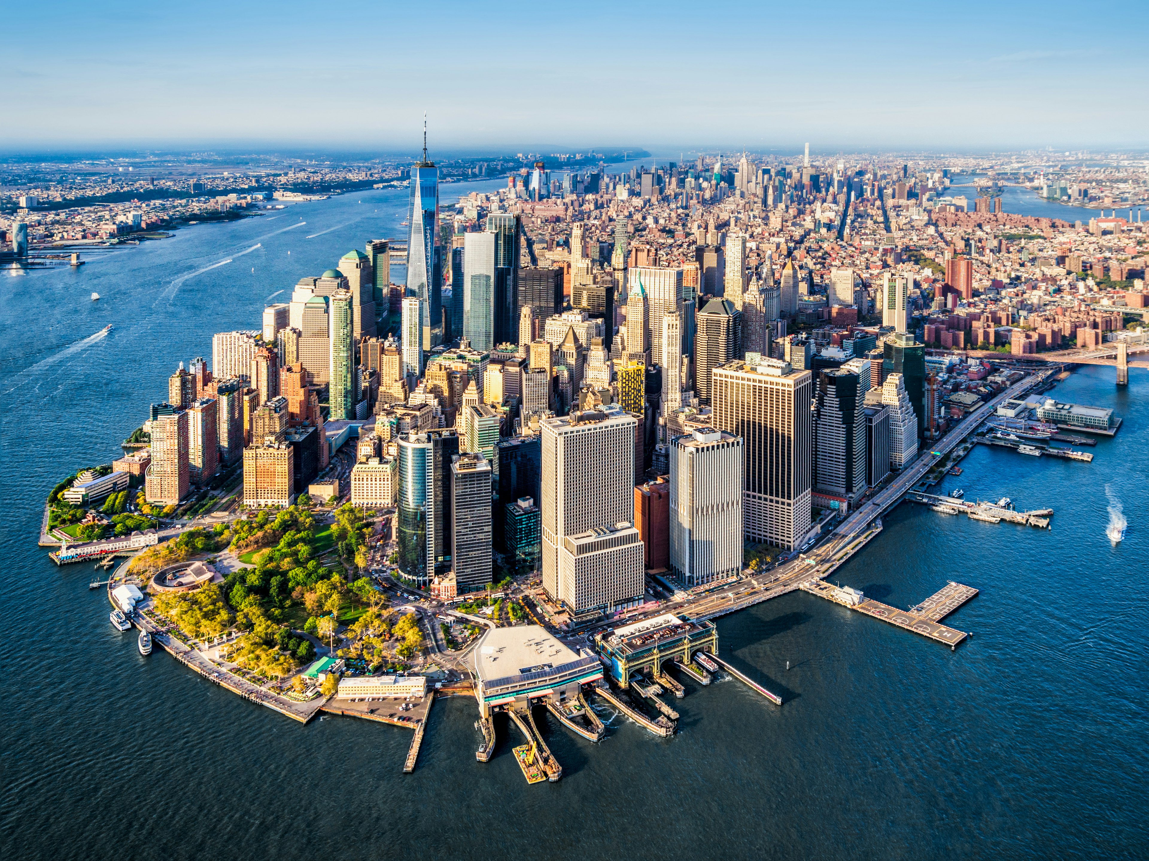 Aerial of Lower Manhattan during the late afternoon