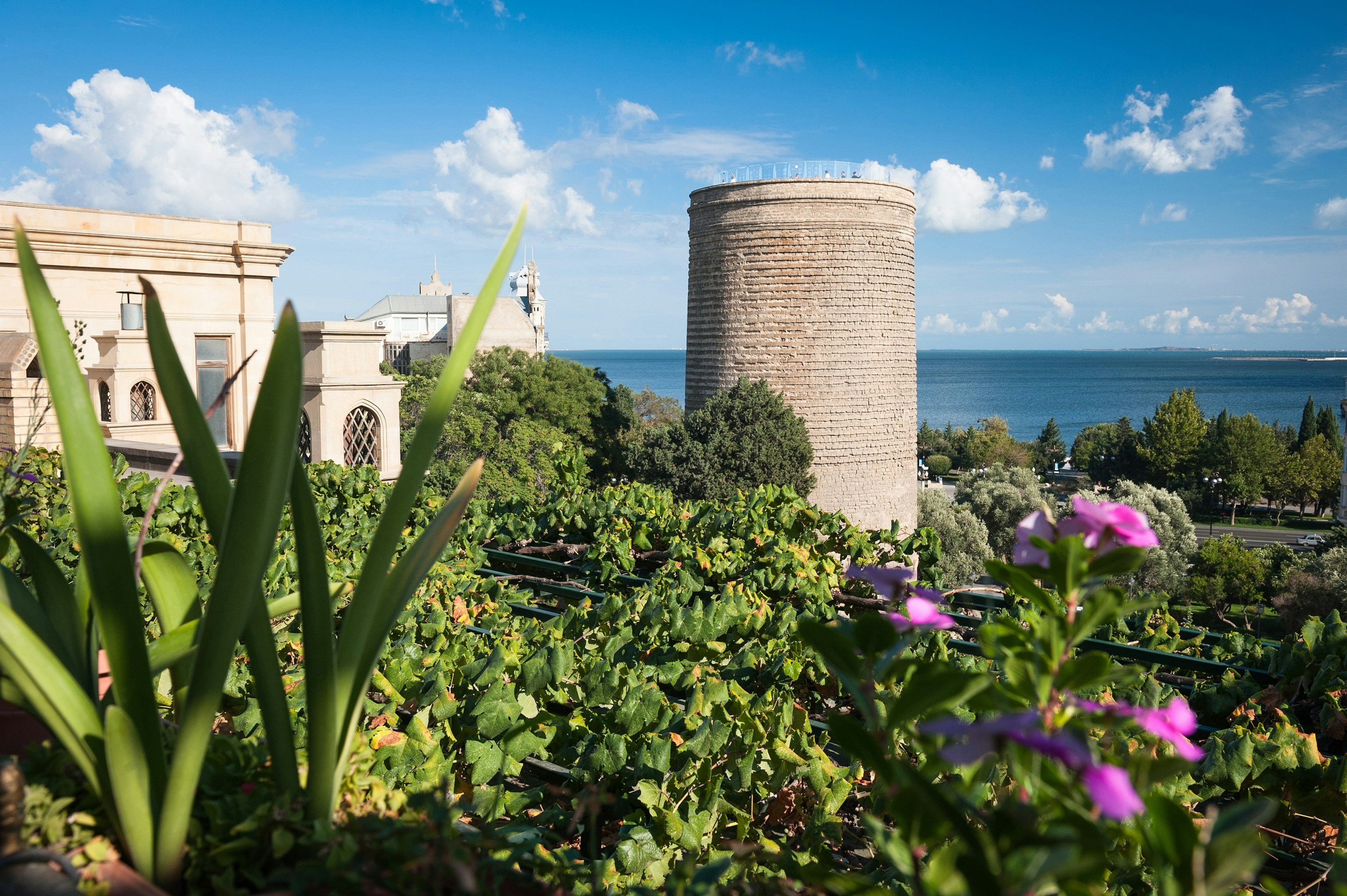 A circular stone tower amongst greenery, with the sea in the background.