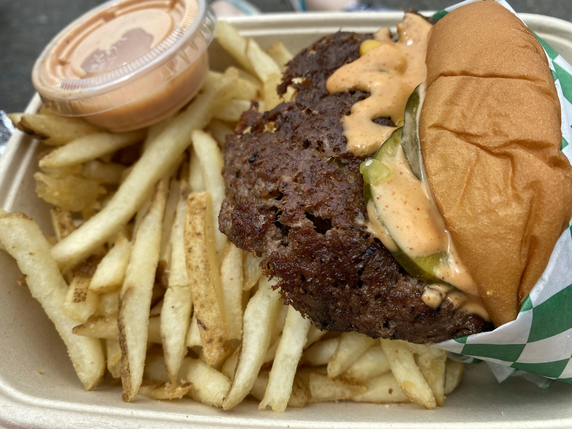 The smash burger and fries from Maillards in San Francisco 