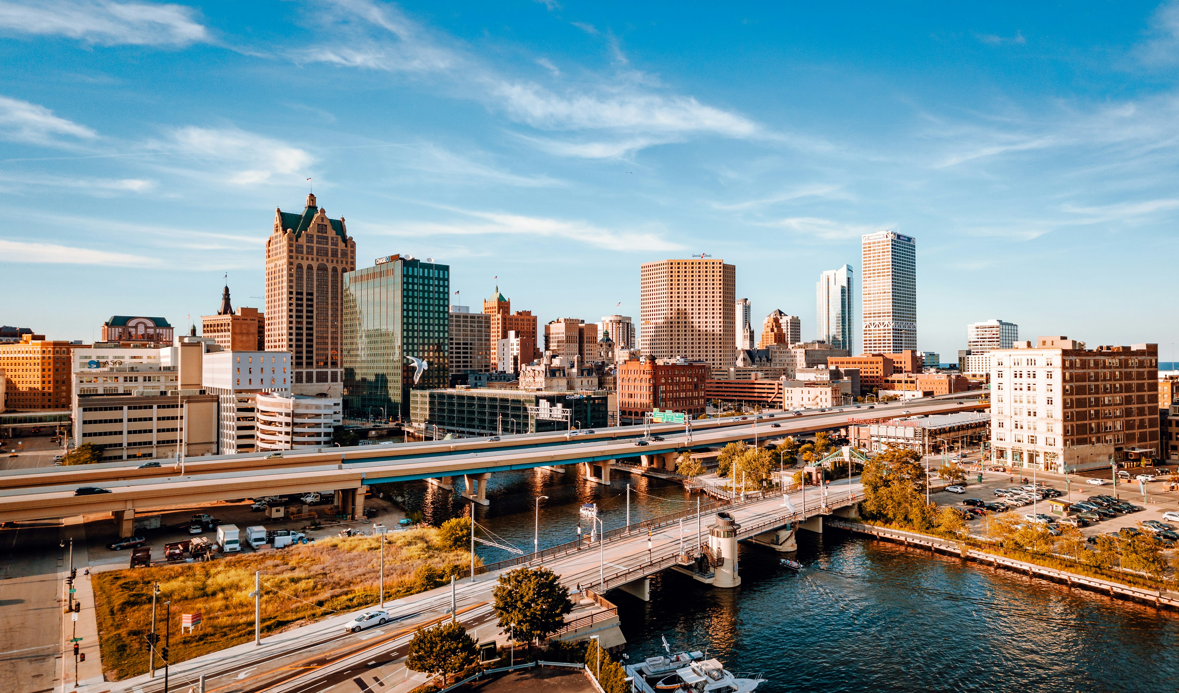 The Milwaukee skyline, with the Milwaukee River passing through the foreground