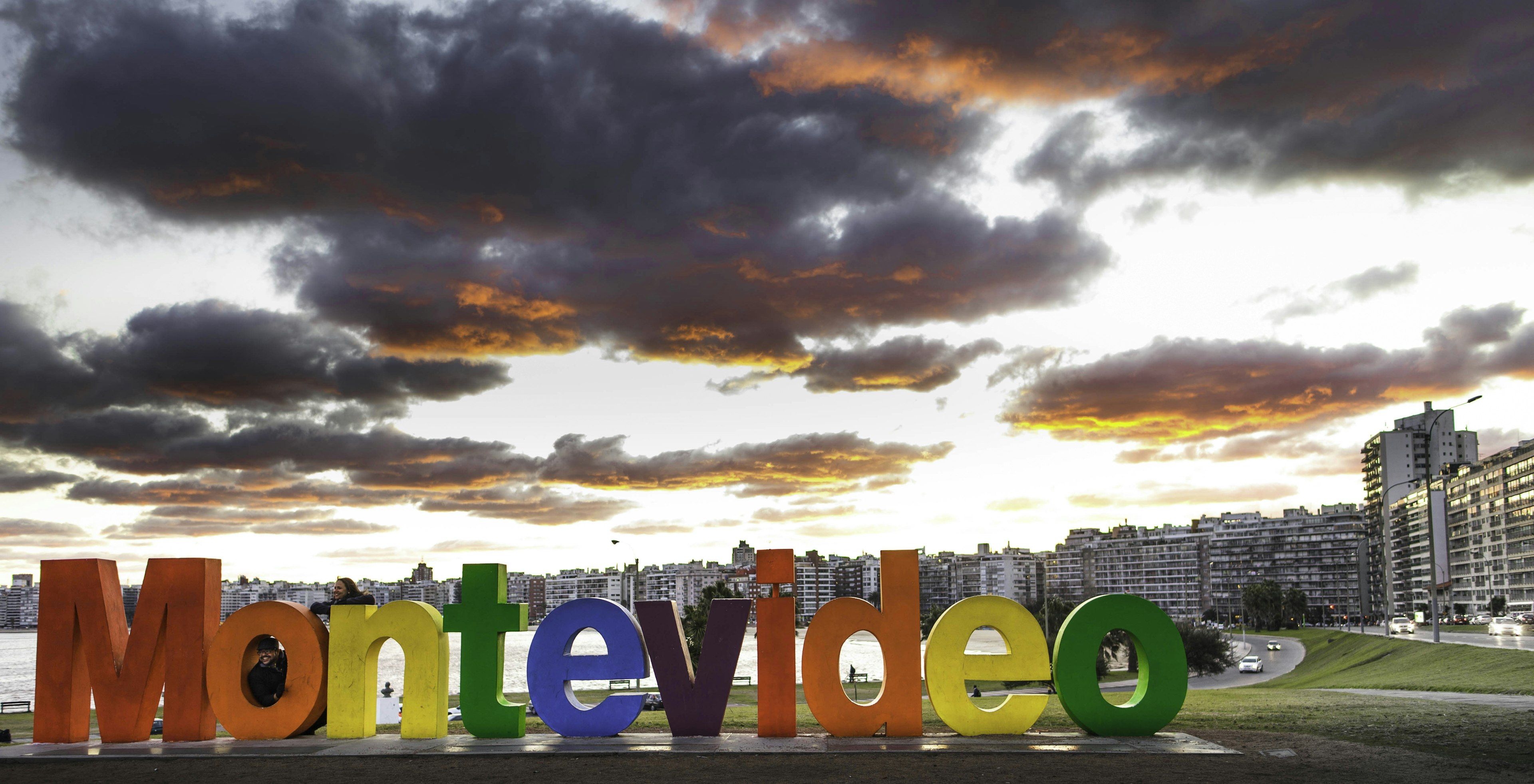 Montevideo sign in block concrete letters painted rainbow colors