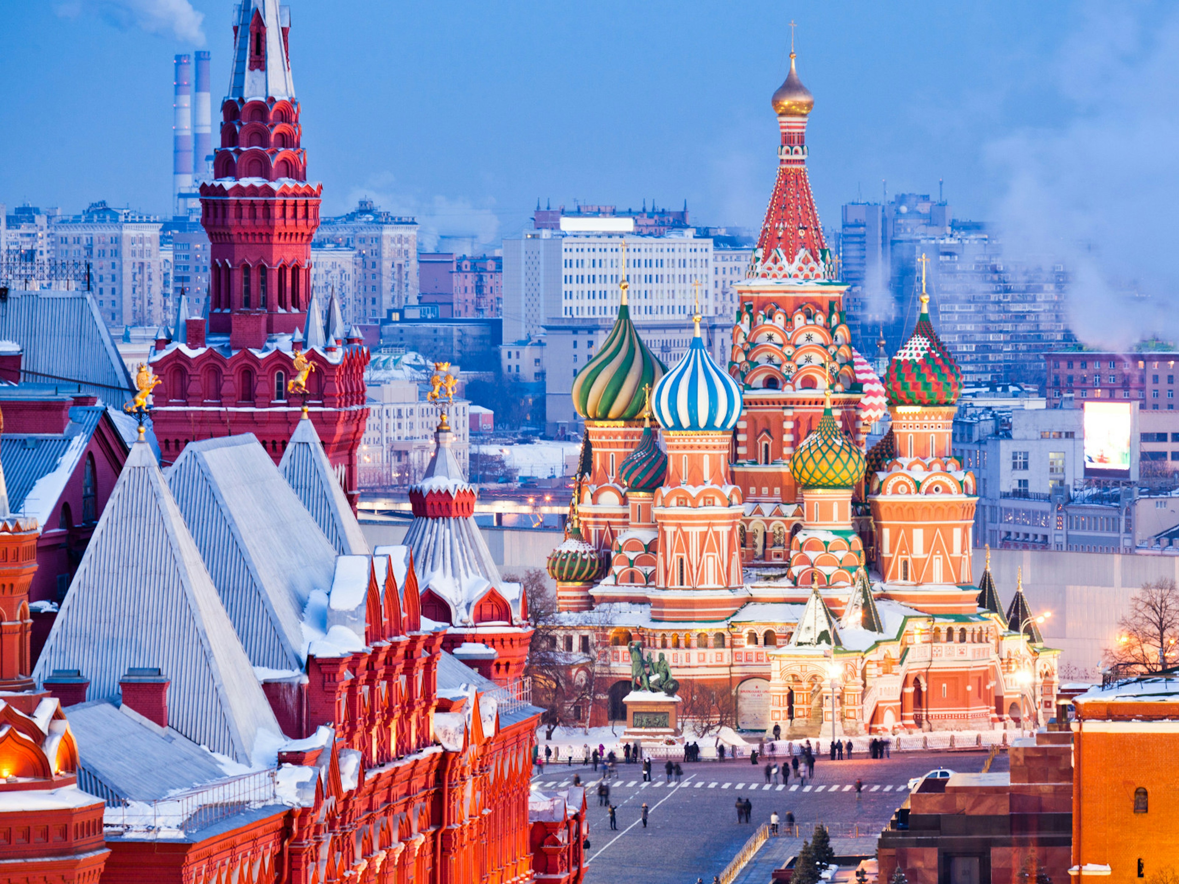 Evening view of Moscow's Red Square from the Kremlin towards St Basil's Cathedral