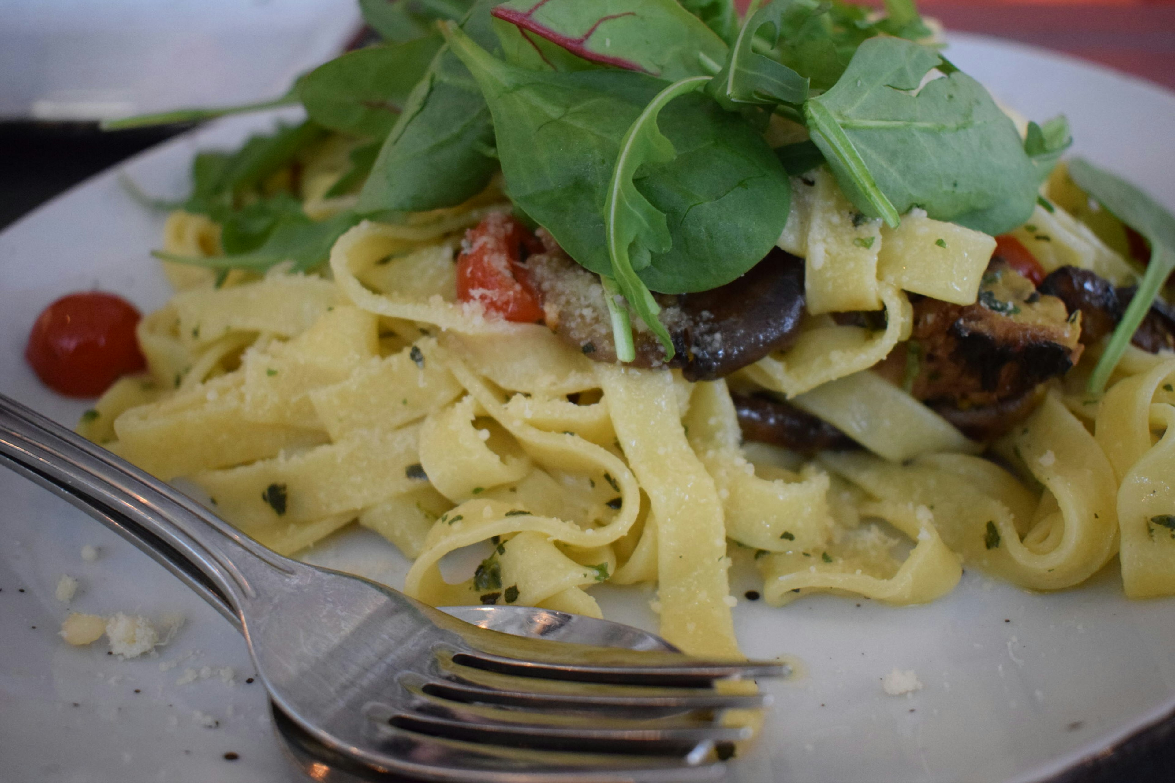 Close-up of tagliatelle pasta dish with mushrooms and a garnish of salad leaves © Violetta Teetor