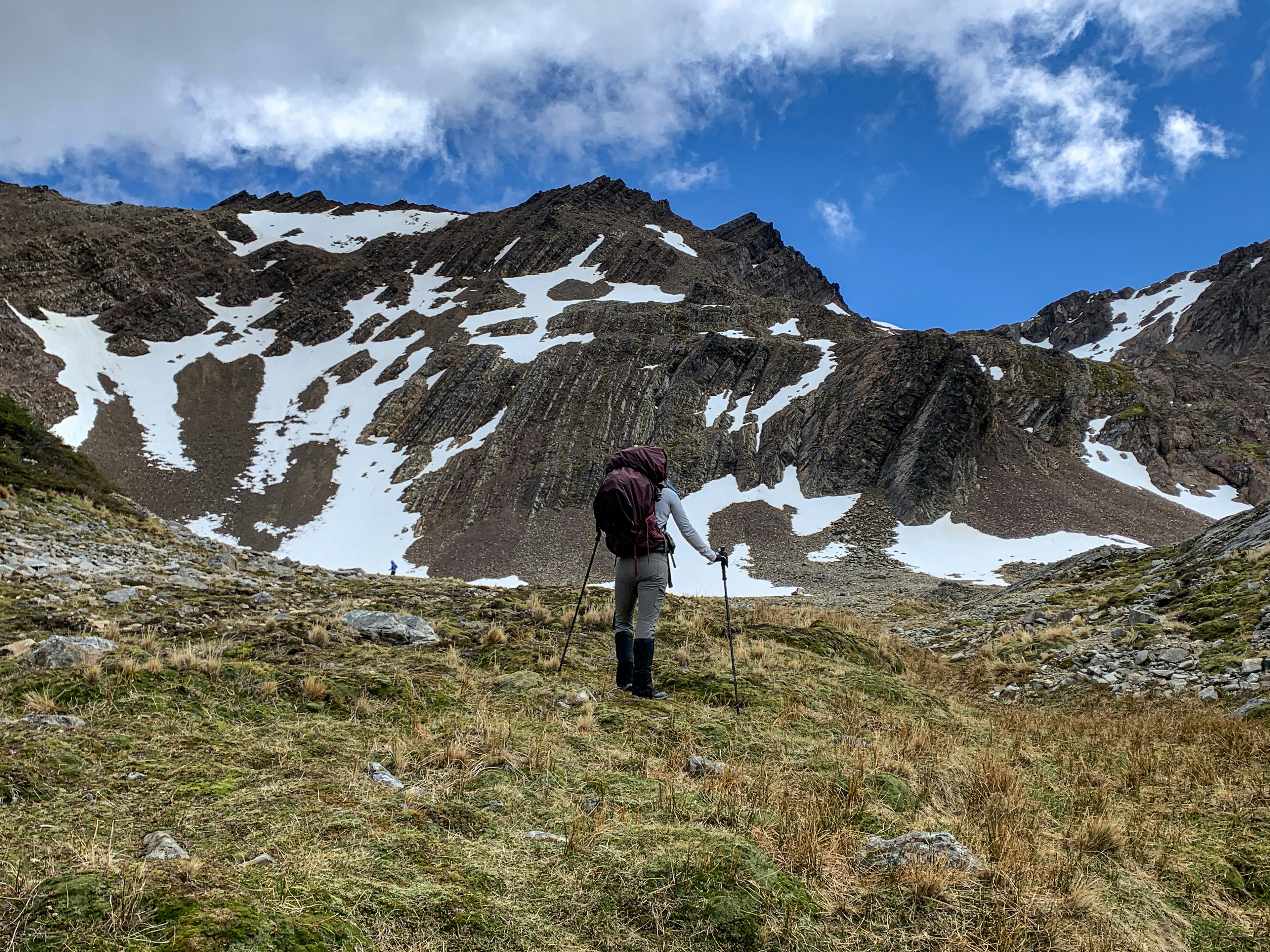 Bailey stands on rugged, grassy terrain with her back to the camera; she is looking out over partly snow-covered mountains.