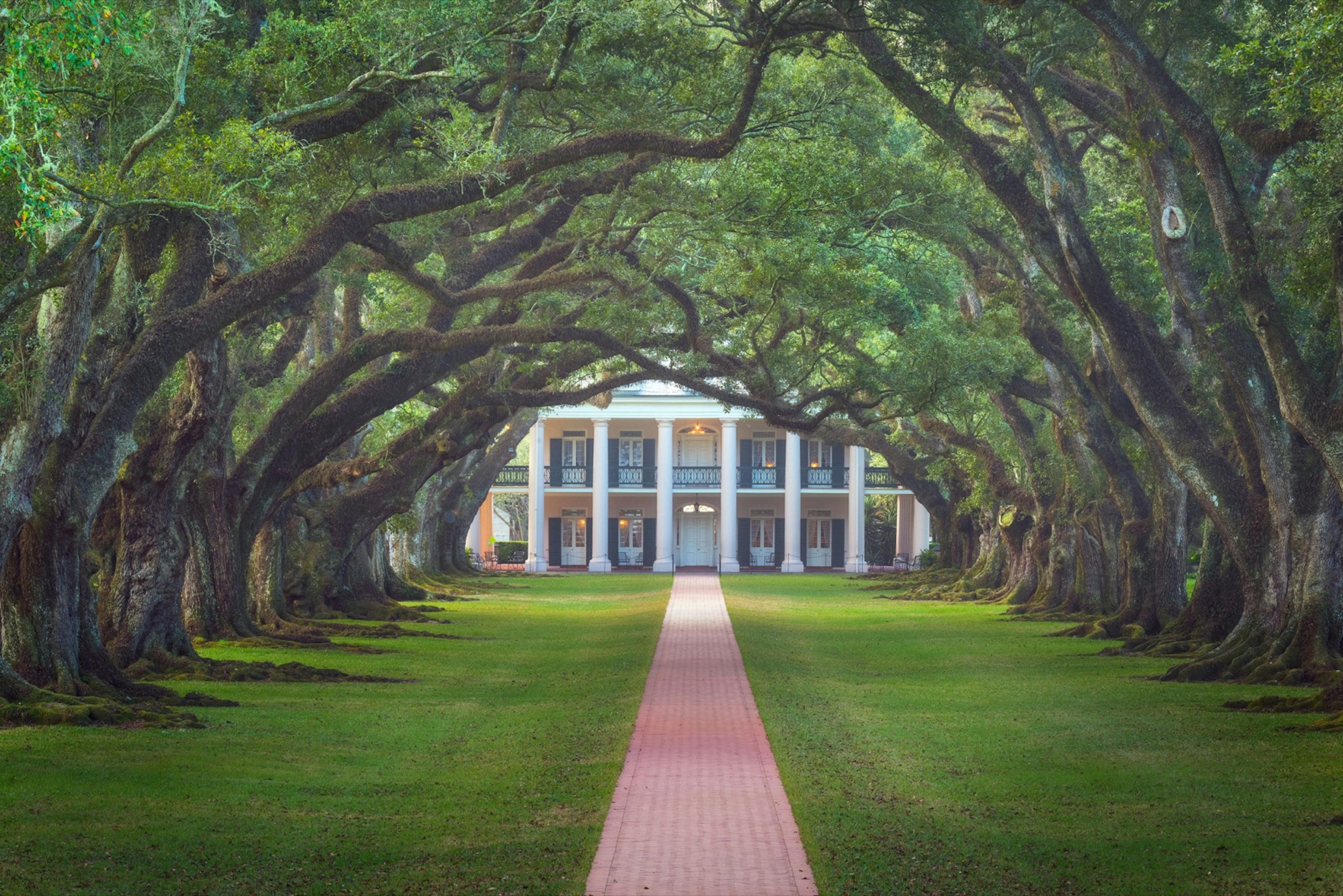 Oak trees line a red brick pathway to the New Orleans historic Oak Alley Plantation. A weekend in New Orleans can be filled with historic and lively entertainment.