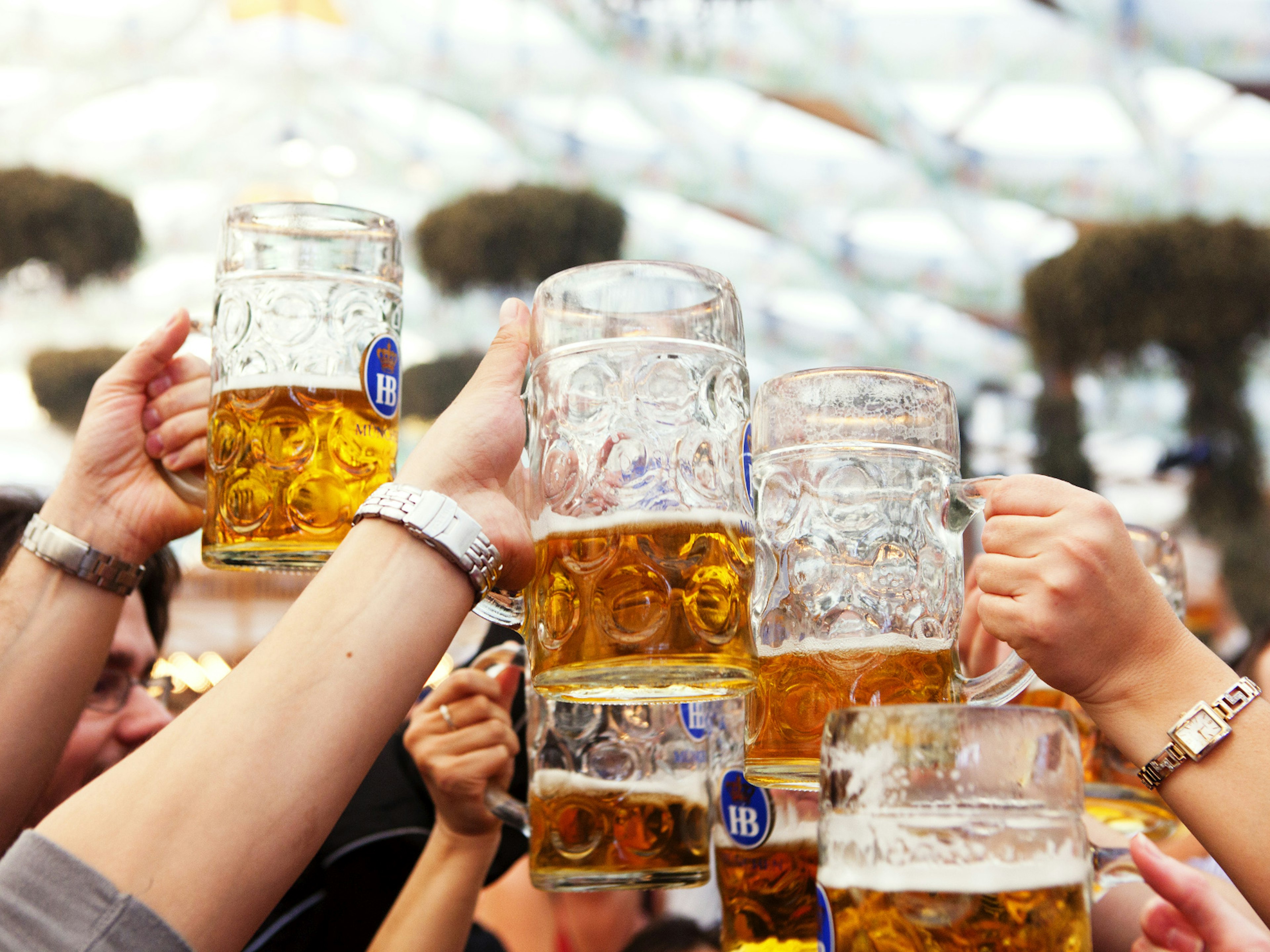 Six hands hold six steins aloft in a celebratory gesture of 'cheers'.