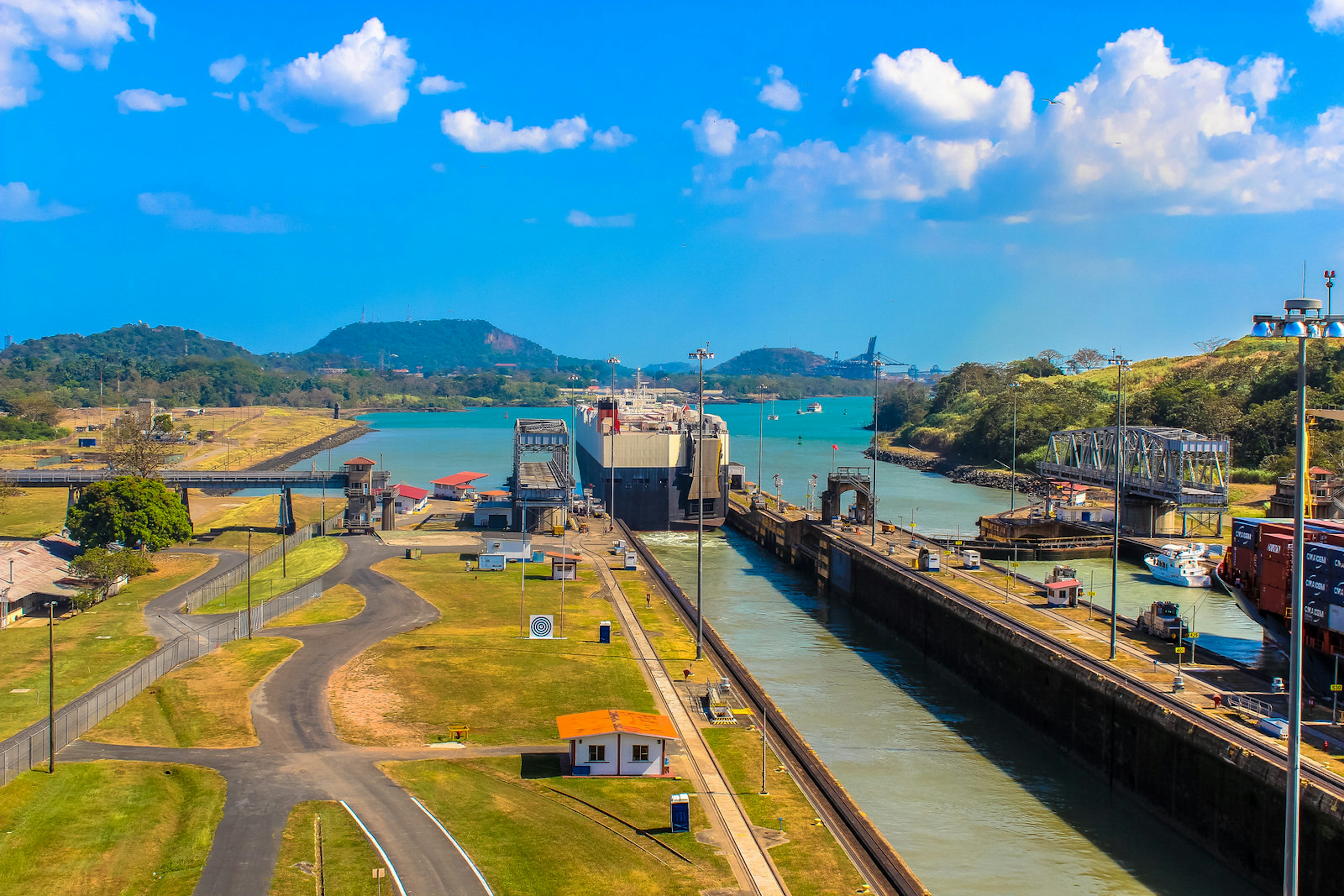 A container ship completes its passage through the Panama Canal