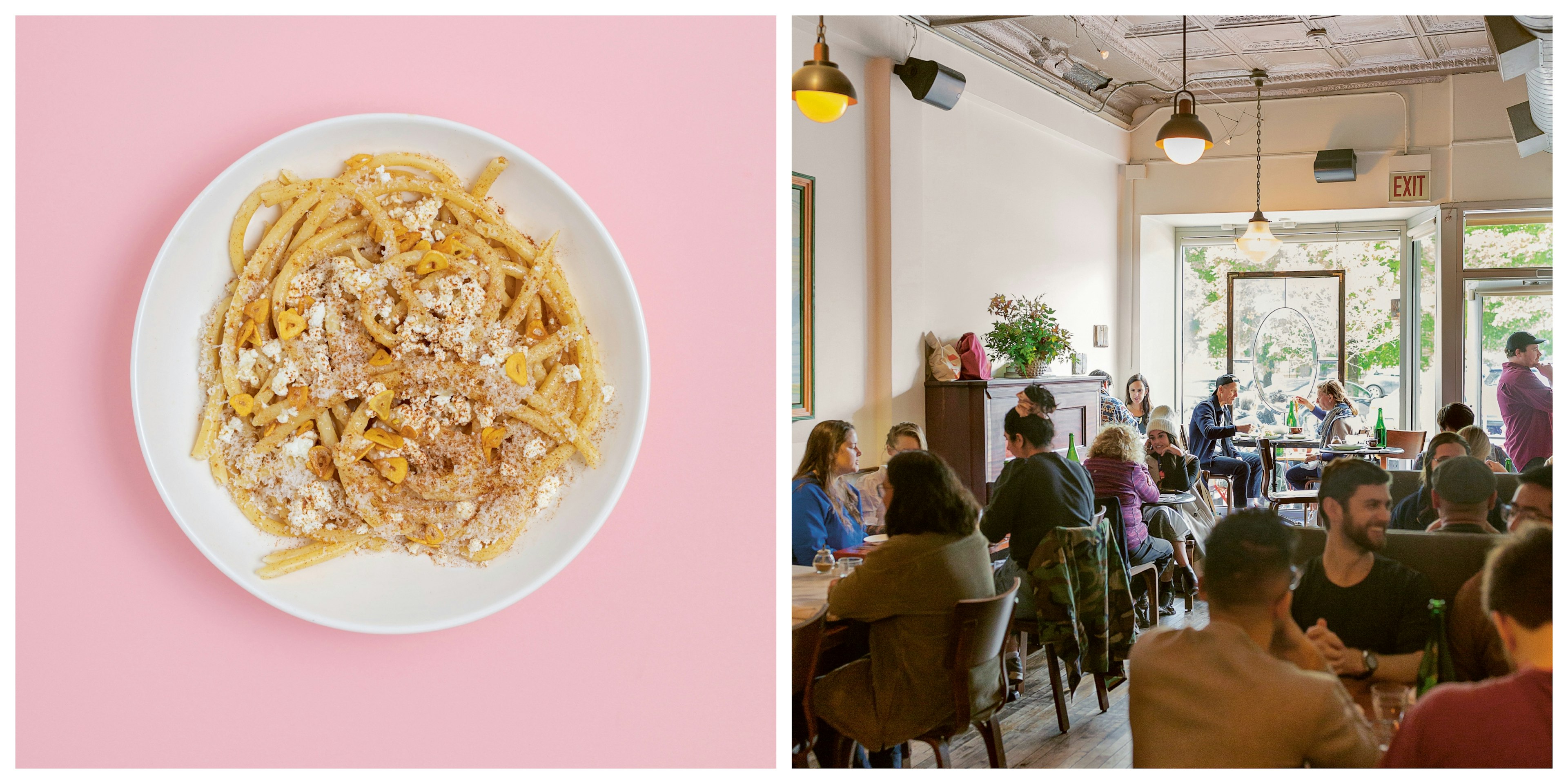 Left: a white plate sits on a pink table and is filled with the thick pasta noodles with feta, garlic and browned butter. Right: Every table is seated with diners inside the the bright interior of Lula Cafe