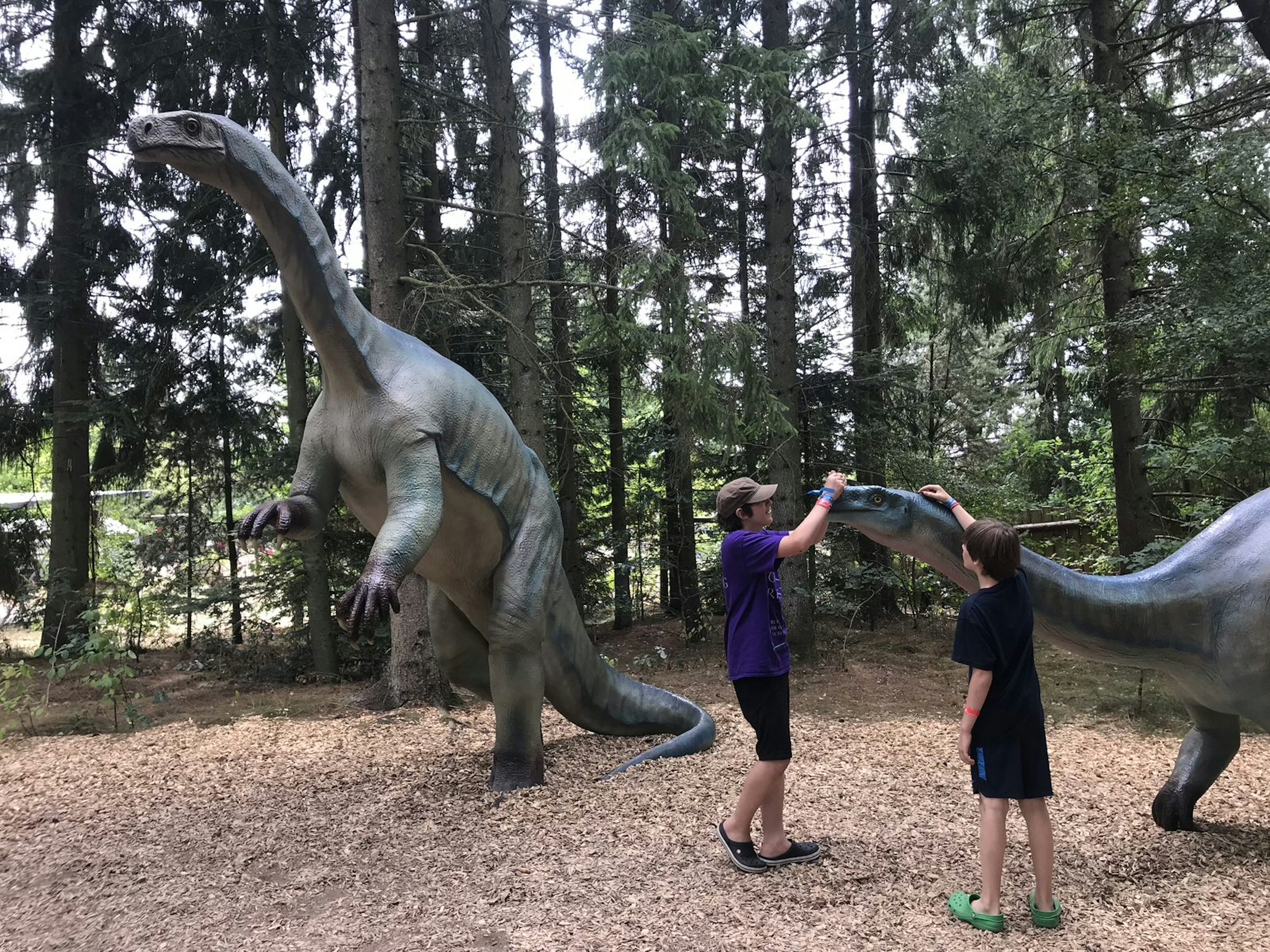 Two boys investigating one of the realistic dinosaur sculptures in the dinosaur park at Givskud Zoo © Abigail Blasi / ϰϲʿ¼