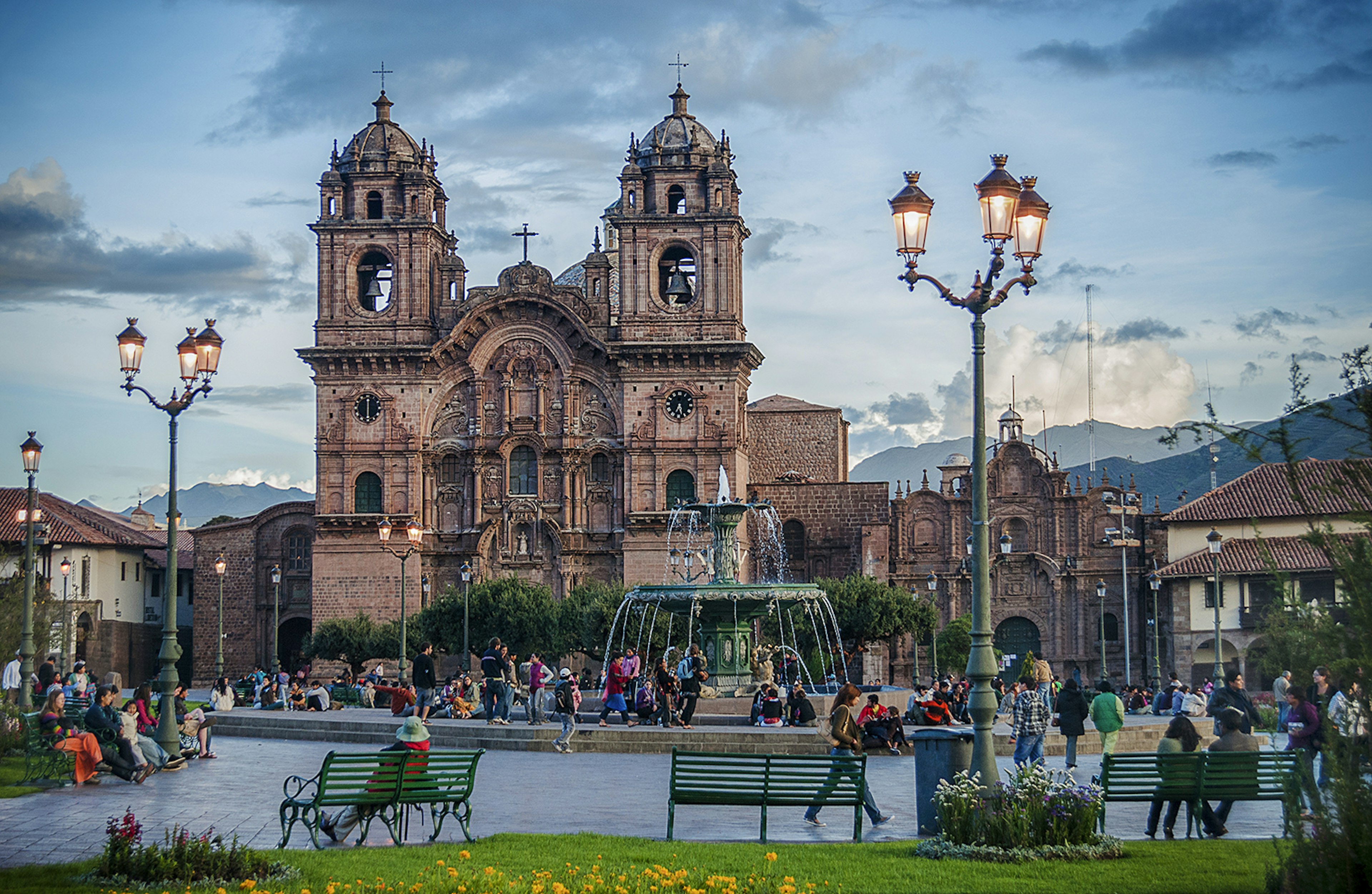 456799775
evening,
Fountain in the center of Plaza de Armas with the Cathedral of Santo Domingo in the background at sunset, Cusco aka Cuzco, Peru, South America.