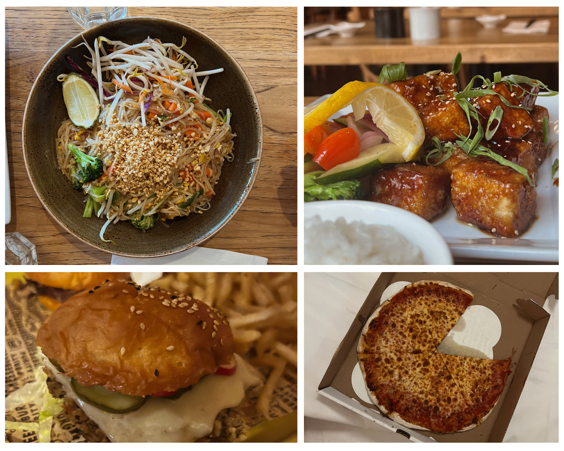 Top left: a bowl of noodles and veg; top right: tofu; bottom left: a veggie burger; bottom right: a cheese pizza