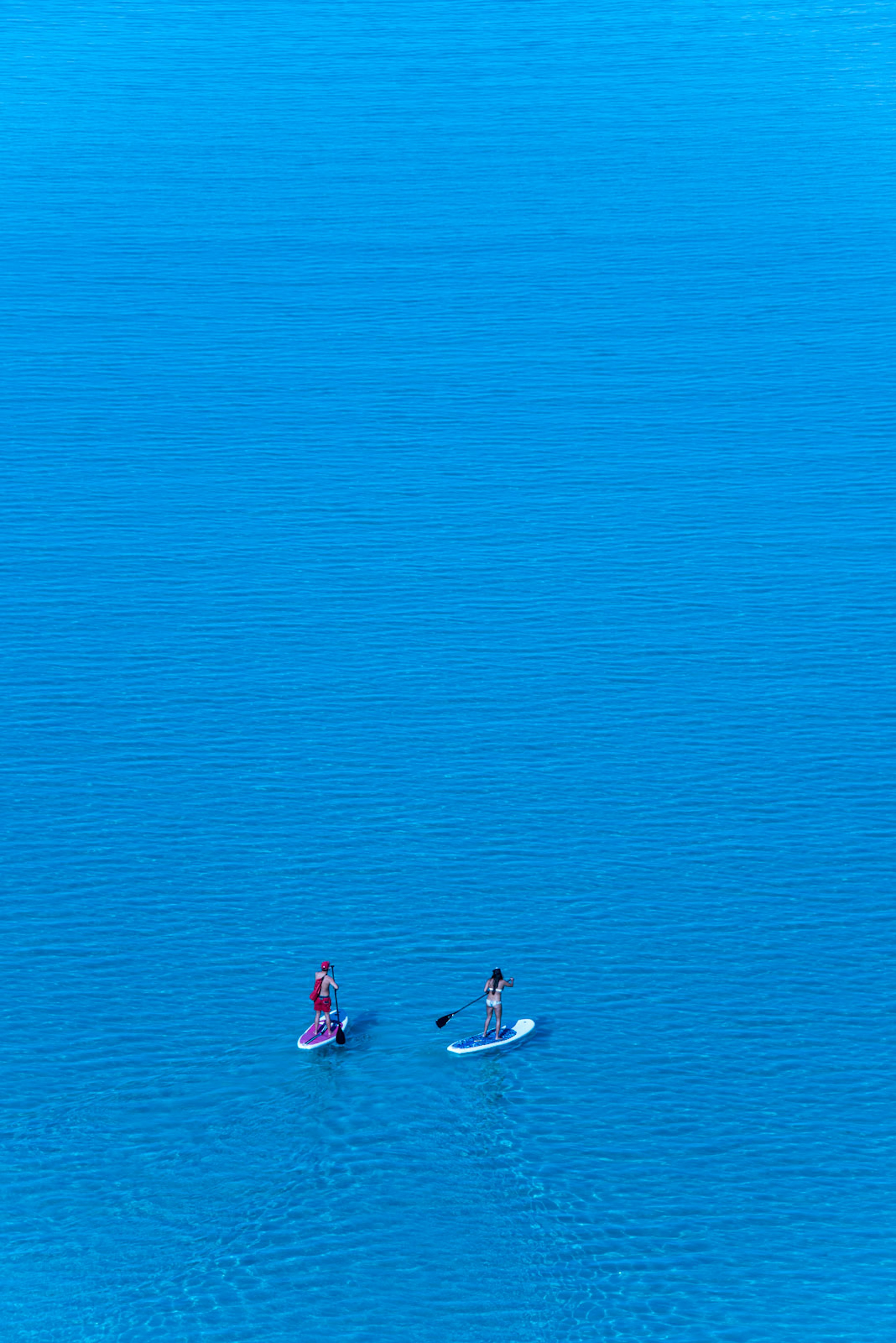 Couple paddle boards in vibrant blue ocean