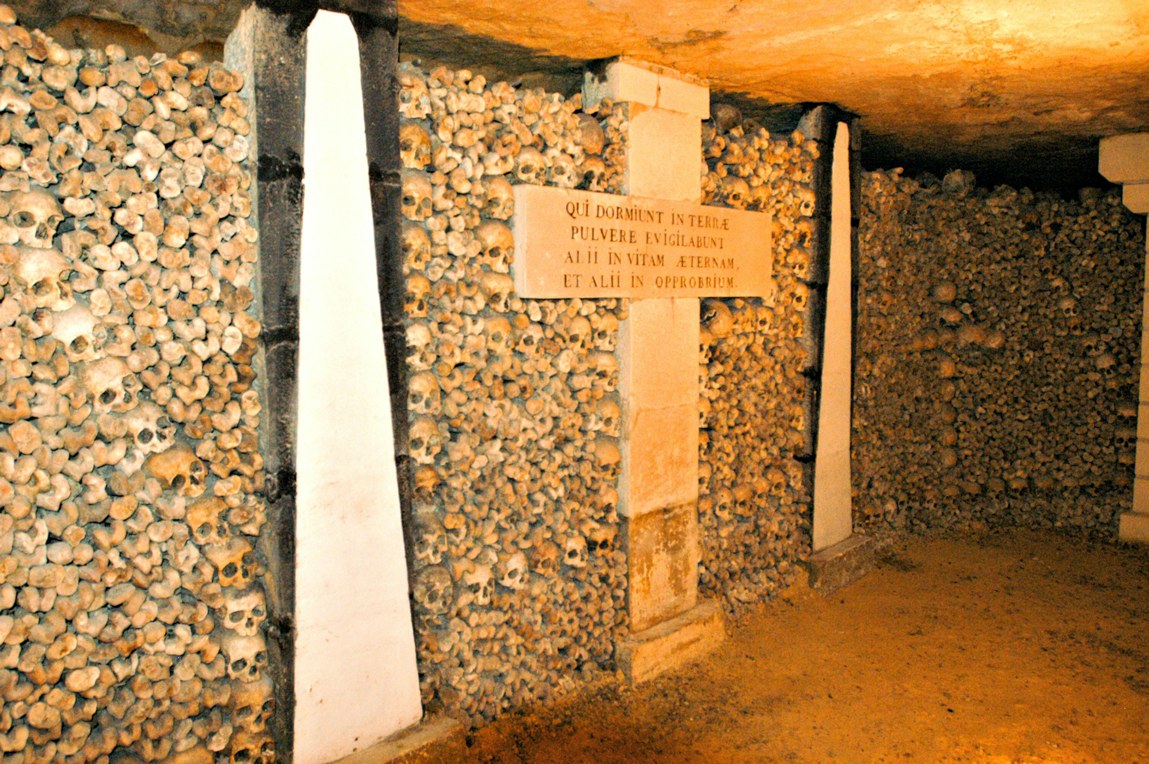 A wall of skulls at the dimly lit Catacombs of Paris