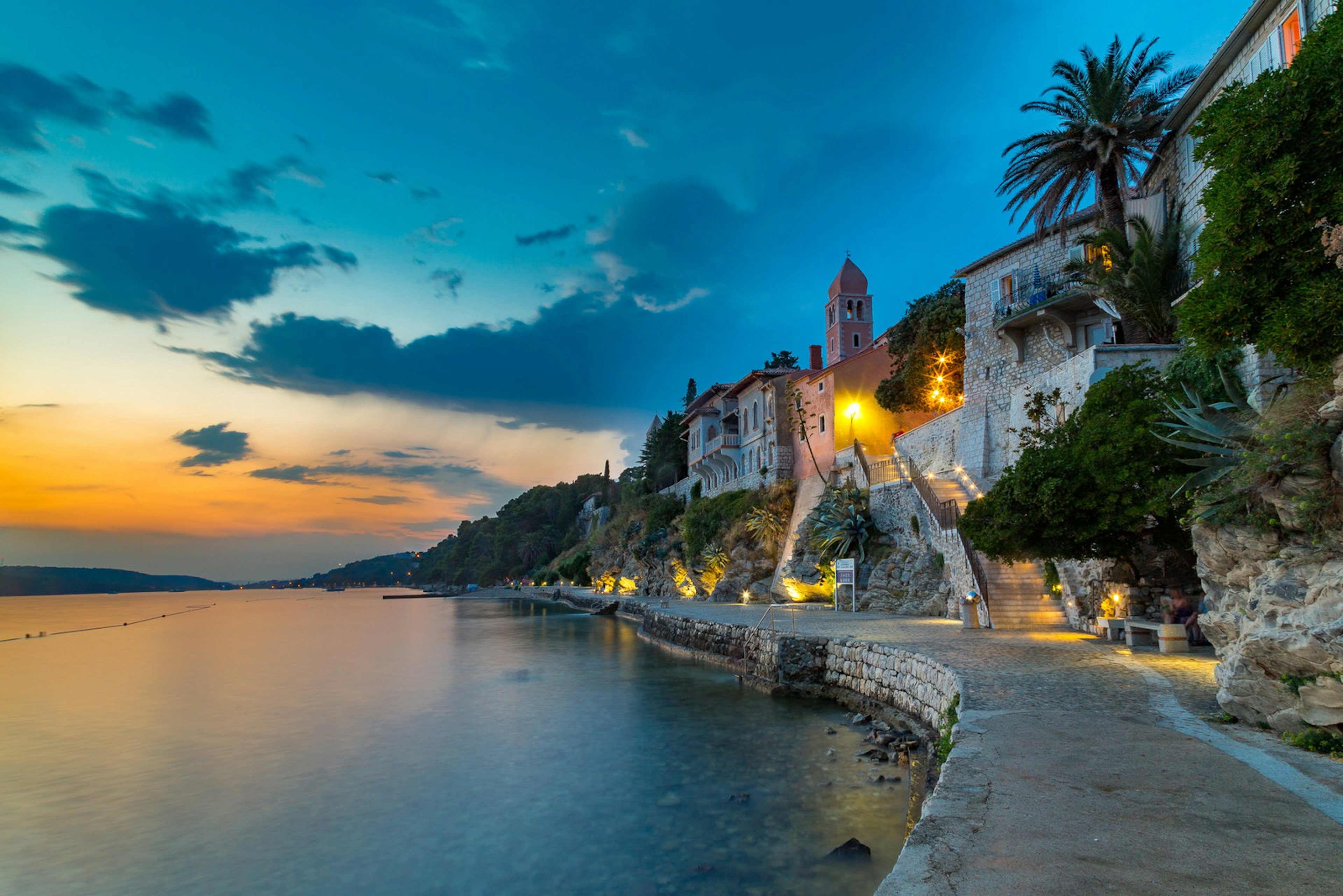 Sunset on the medieval pier on Rab Island, Croatia