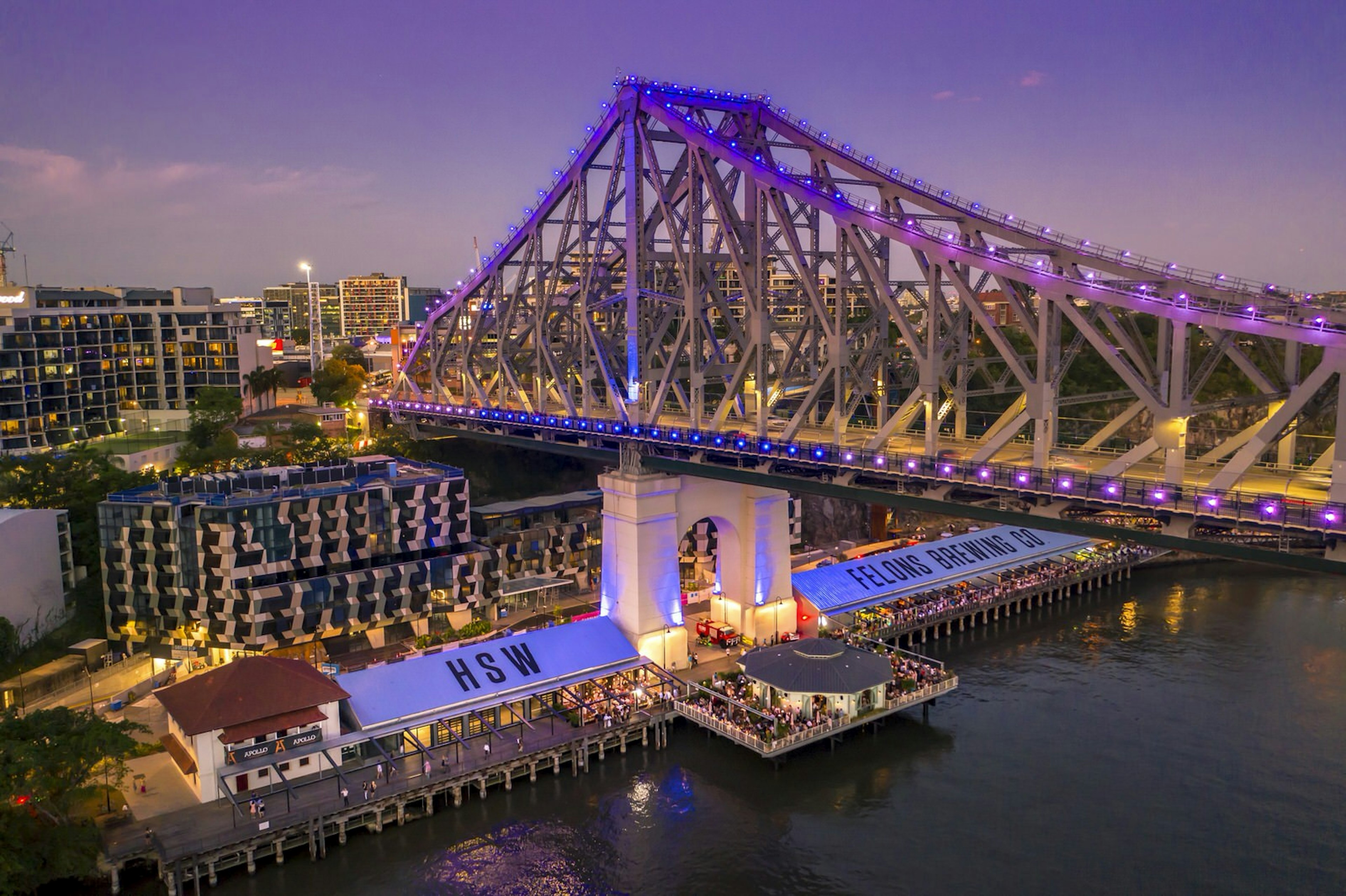 Brisbane's regenerated Howard Smith Wharves area at dusk