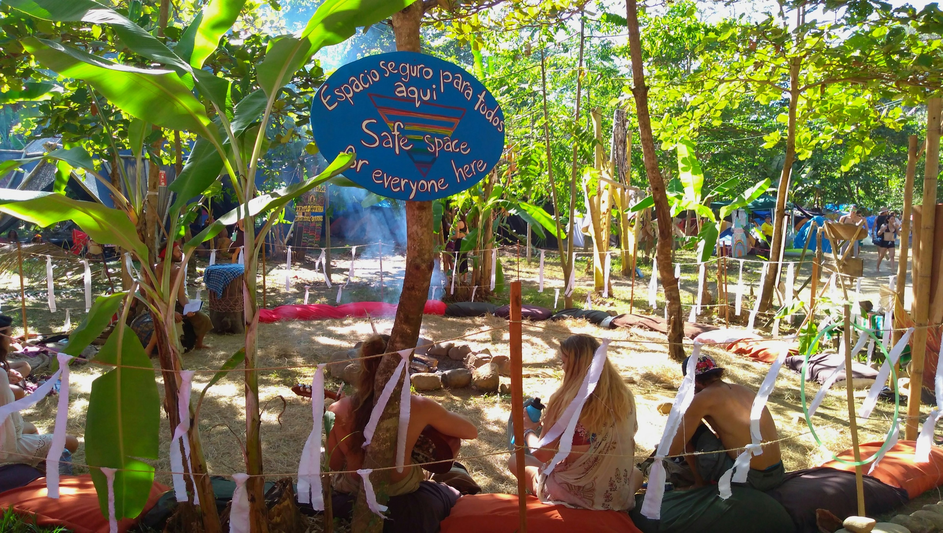 An enclosed area is marked as a 'Safe space for everyone here' with rainbow-colored triangle