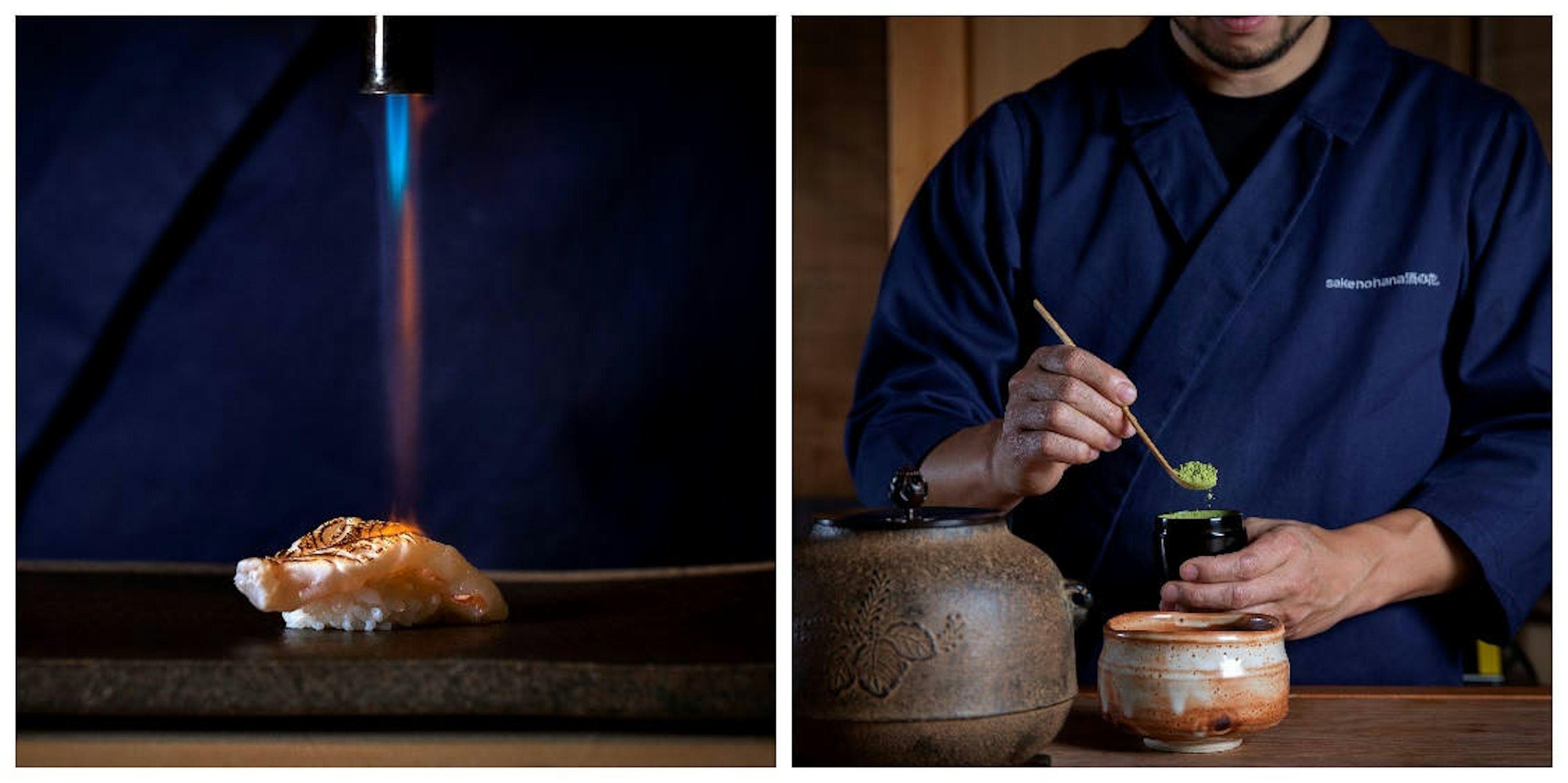 Left image shows a piece of nigiri sushi being blow torched. Right image shows the body of a chef wearing a navy uniform preparing matcha tea at Sake no Hana in London.