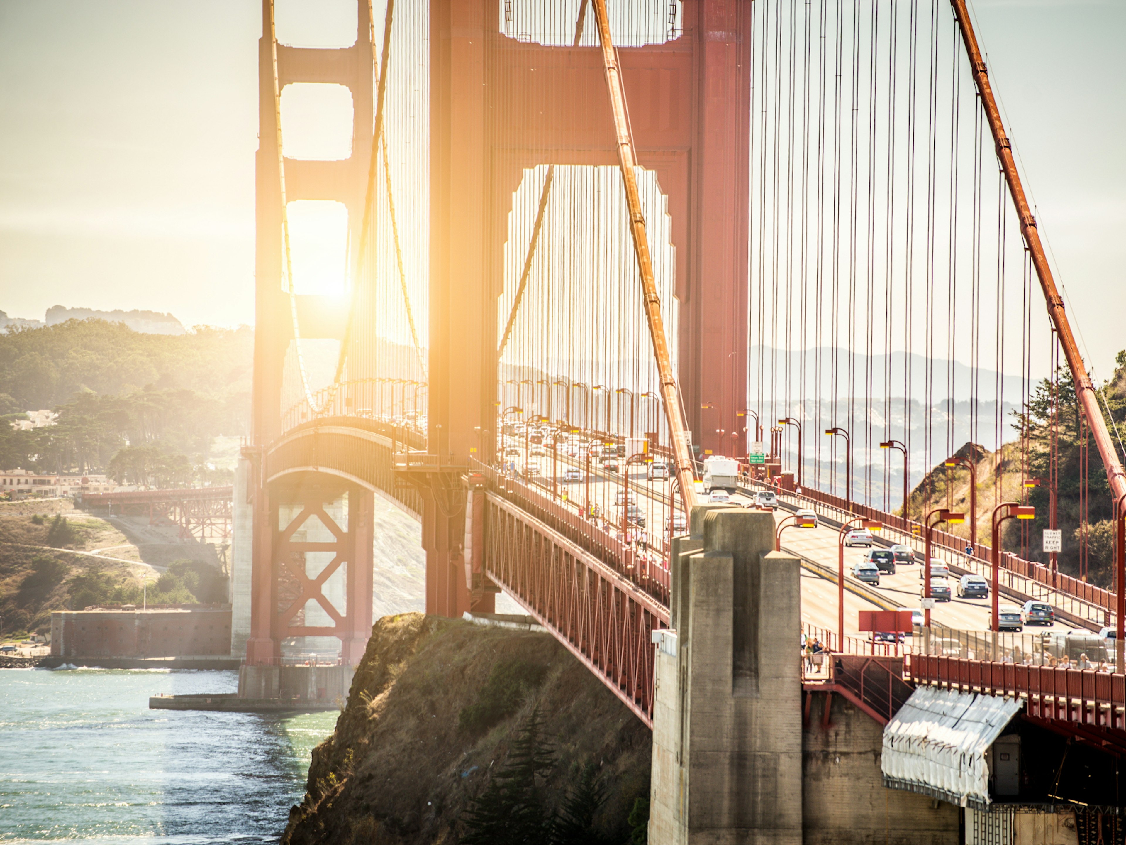 Cars driving over the Golden Gate Bridge, San Francisco