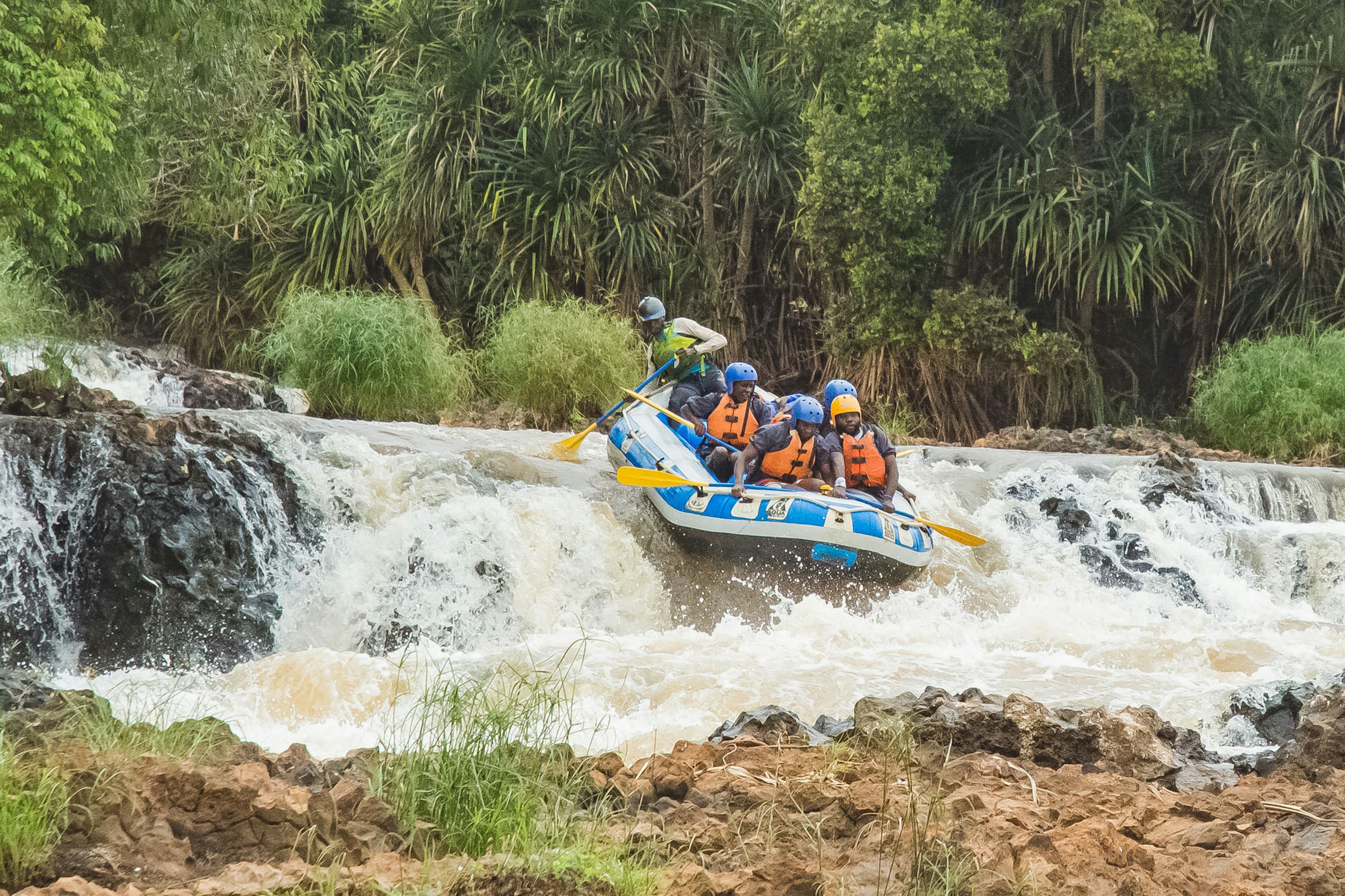 A group of rafters riding down fierce rapids; the river is surrounded by lush, bright green trees and foliage.