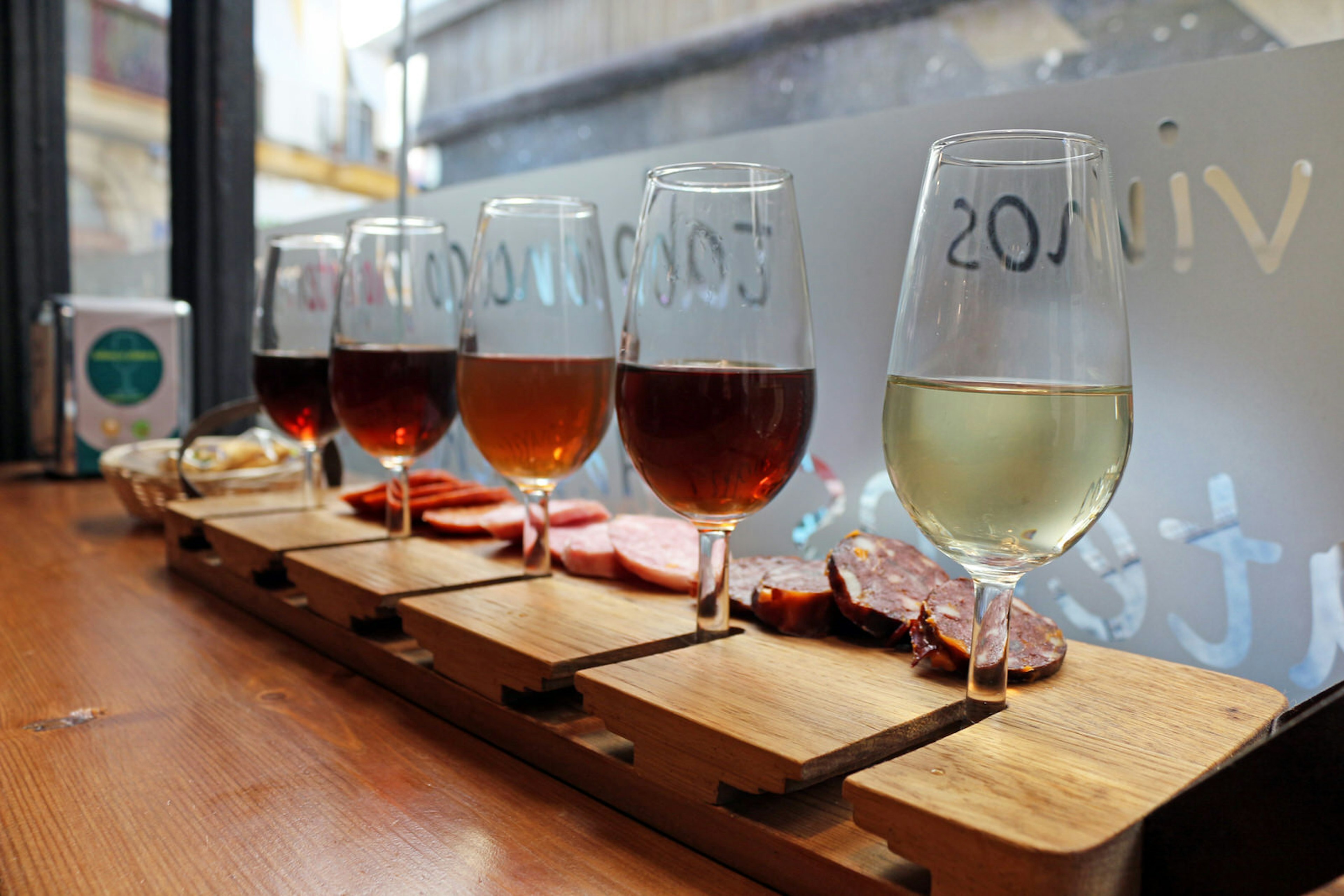 A flight of sherries with charcuterie in Jerez de la Frontera, Andalucia