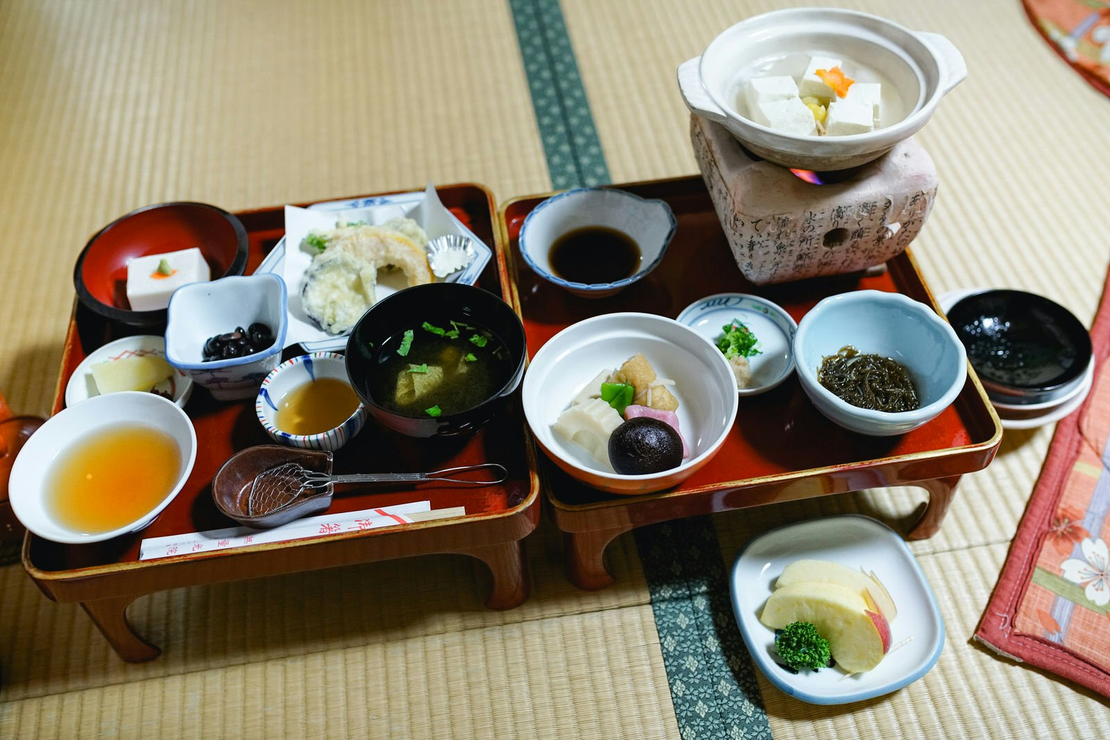 Kōya-san travel - A selection of shōjin-ryōri dishes crowd a wooden tray