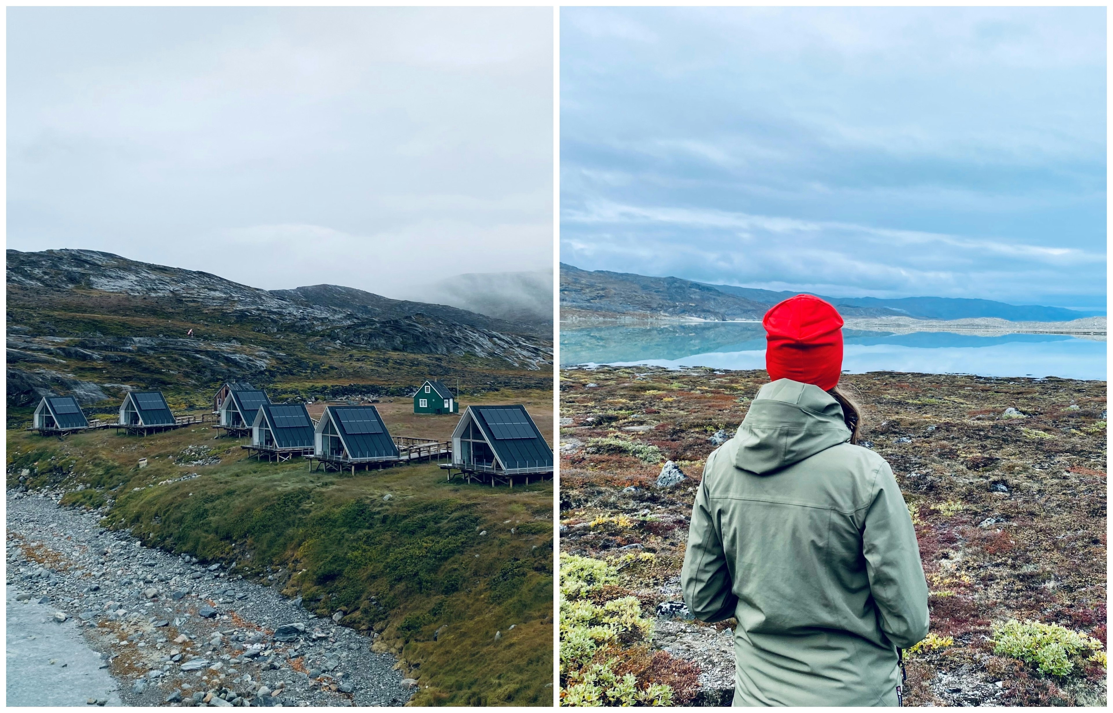 L: Sofie's lodges in Greenland. R: Sofie overlooking lagoon