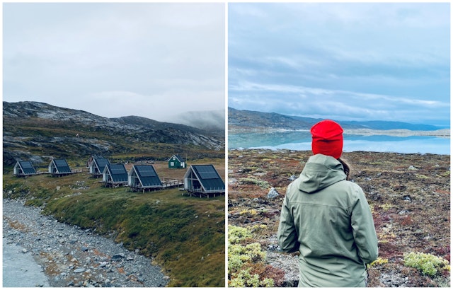 L: Sofie's lodges in Greenland. R: Sofie overlooking lagoon