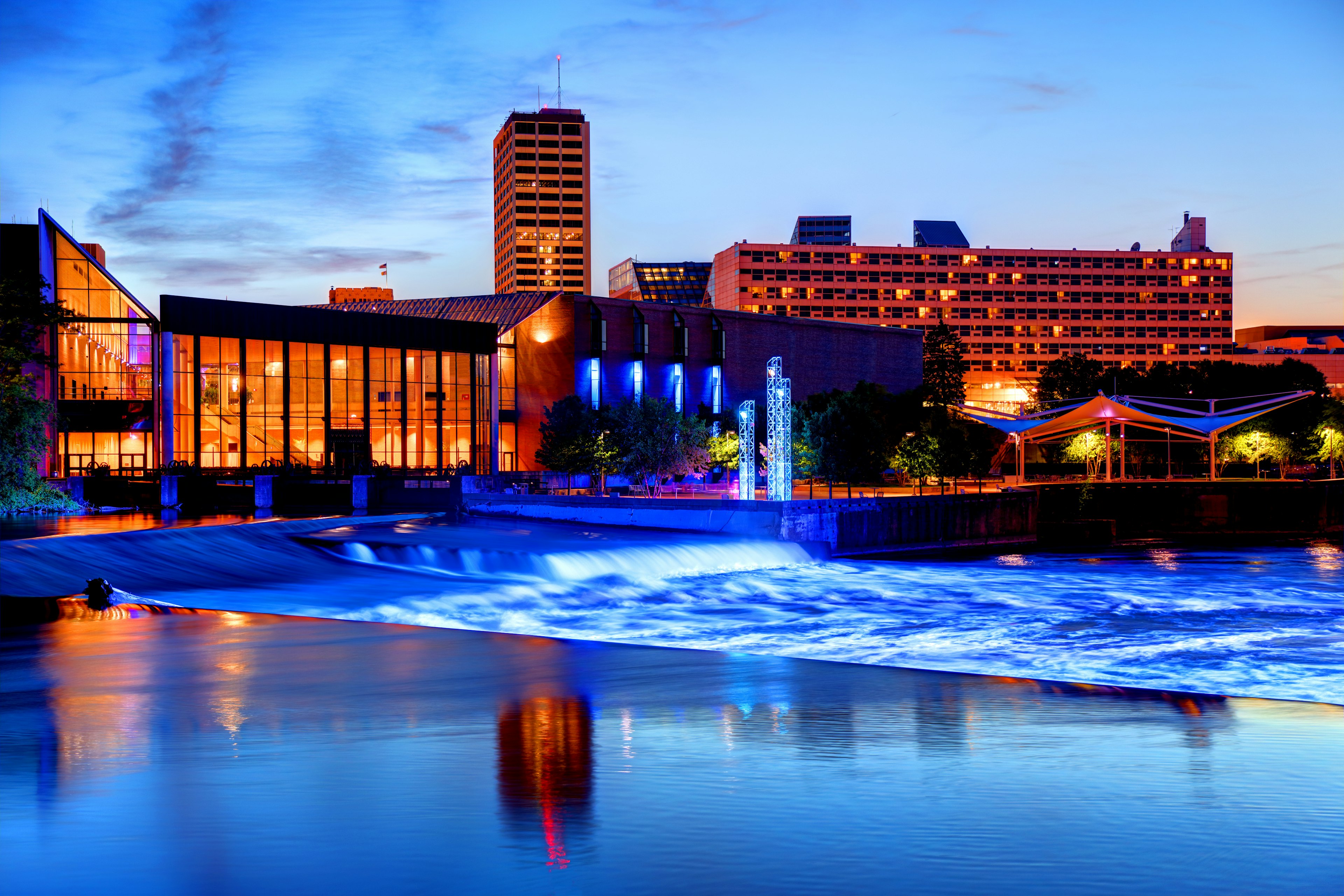 The downtown South Bend skyline lights up night; LAvSouthBend