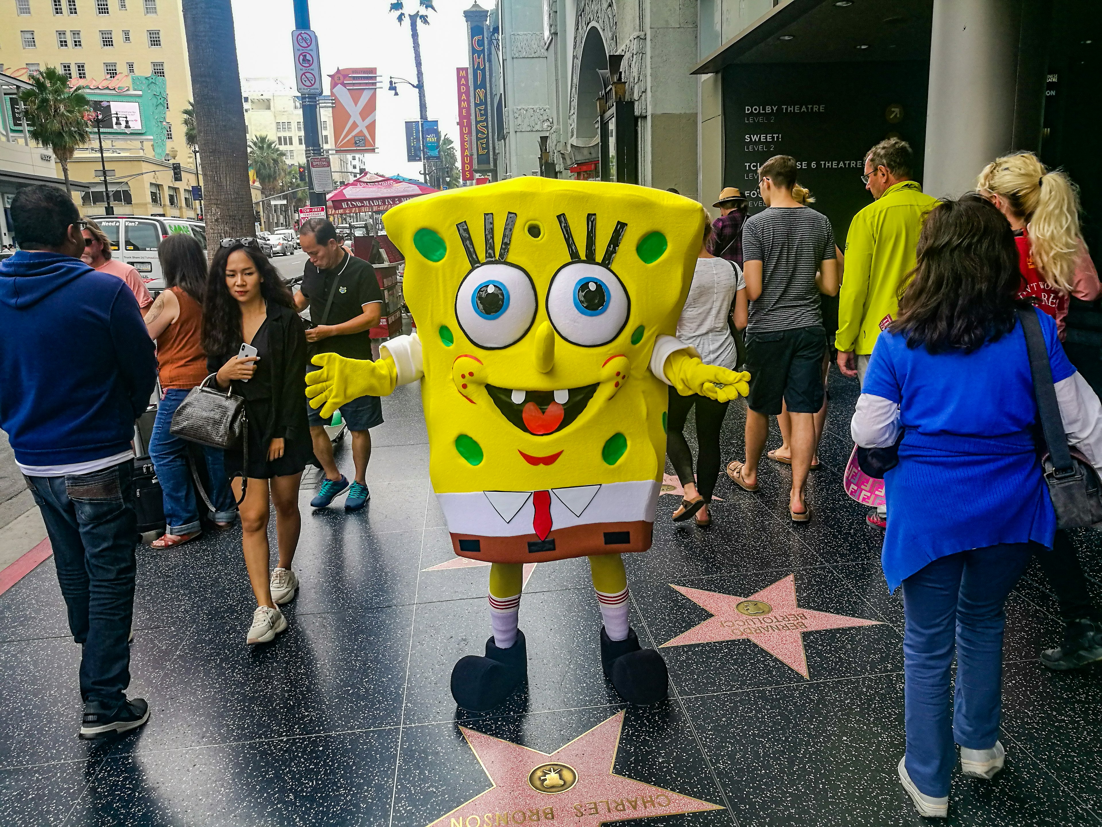 A SpongeBob SquarePants impersonator on Hollywood Blvd