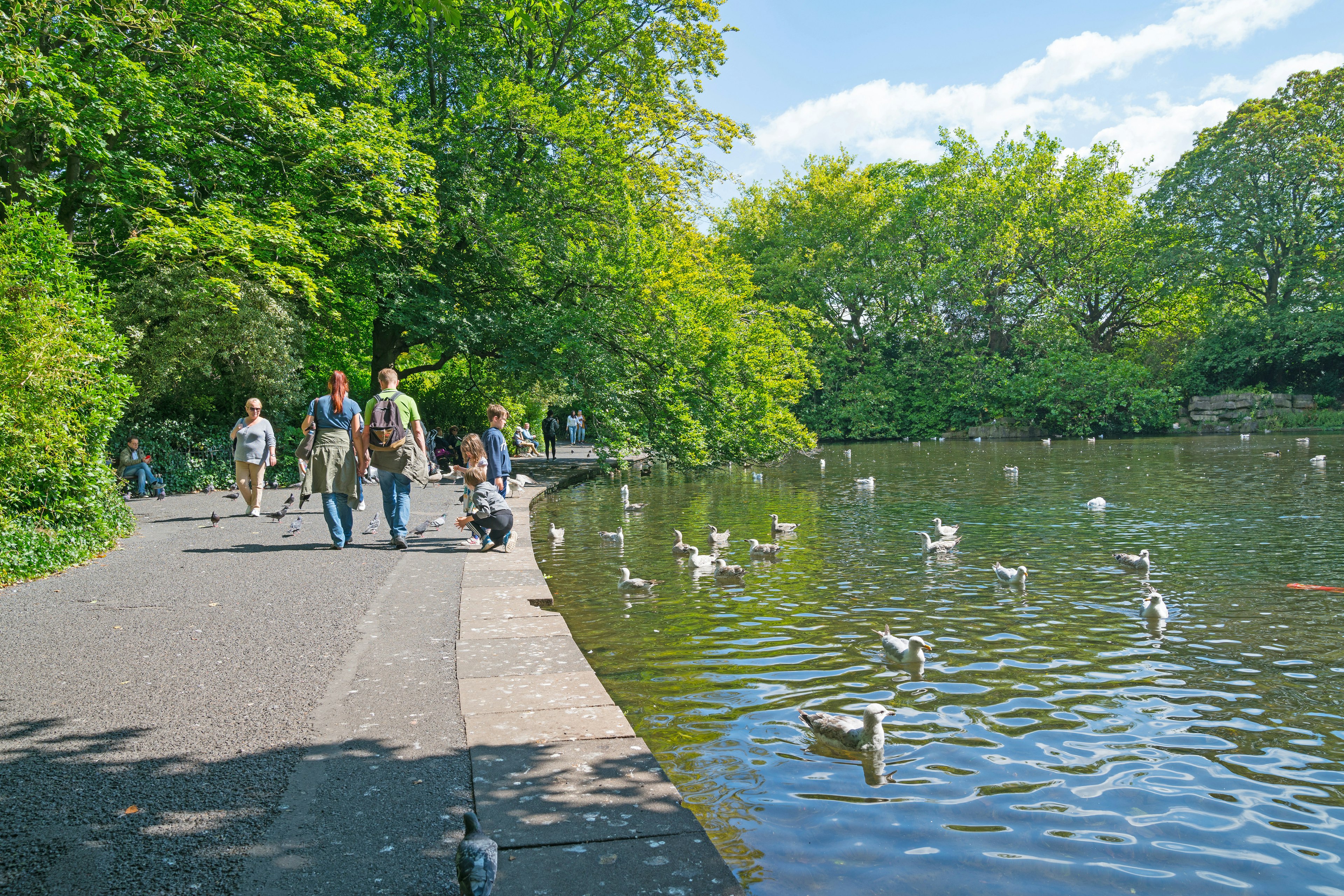 People walking along a path next to a lake at St Stephen's Green in Dublin; the path is bordered by trees and ducks are on the lake.