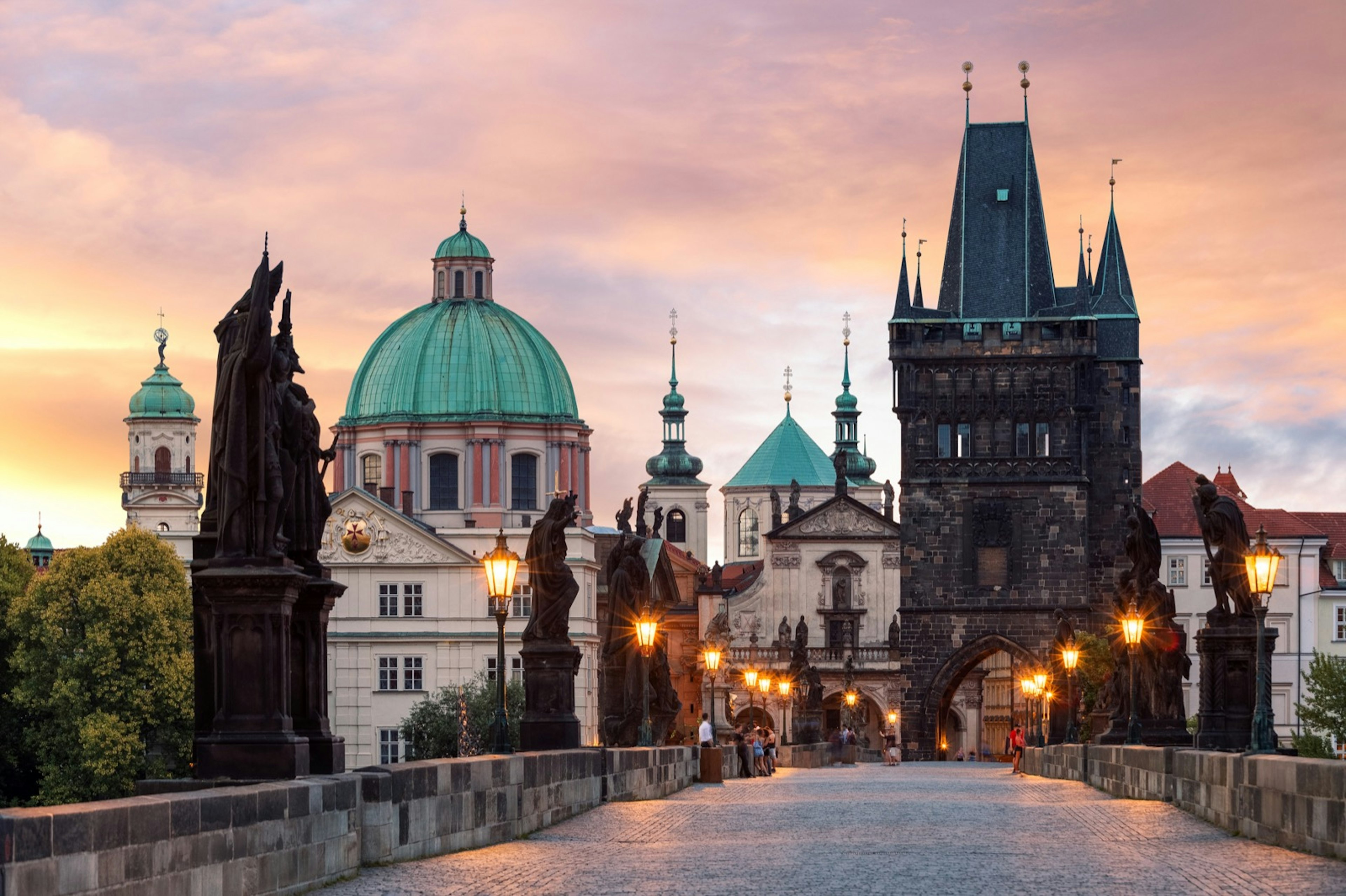 The Charles Bridge in Prague ending at the bridge towers