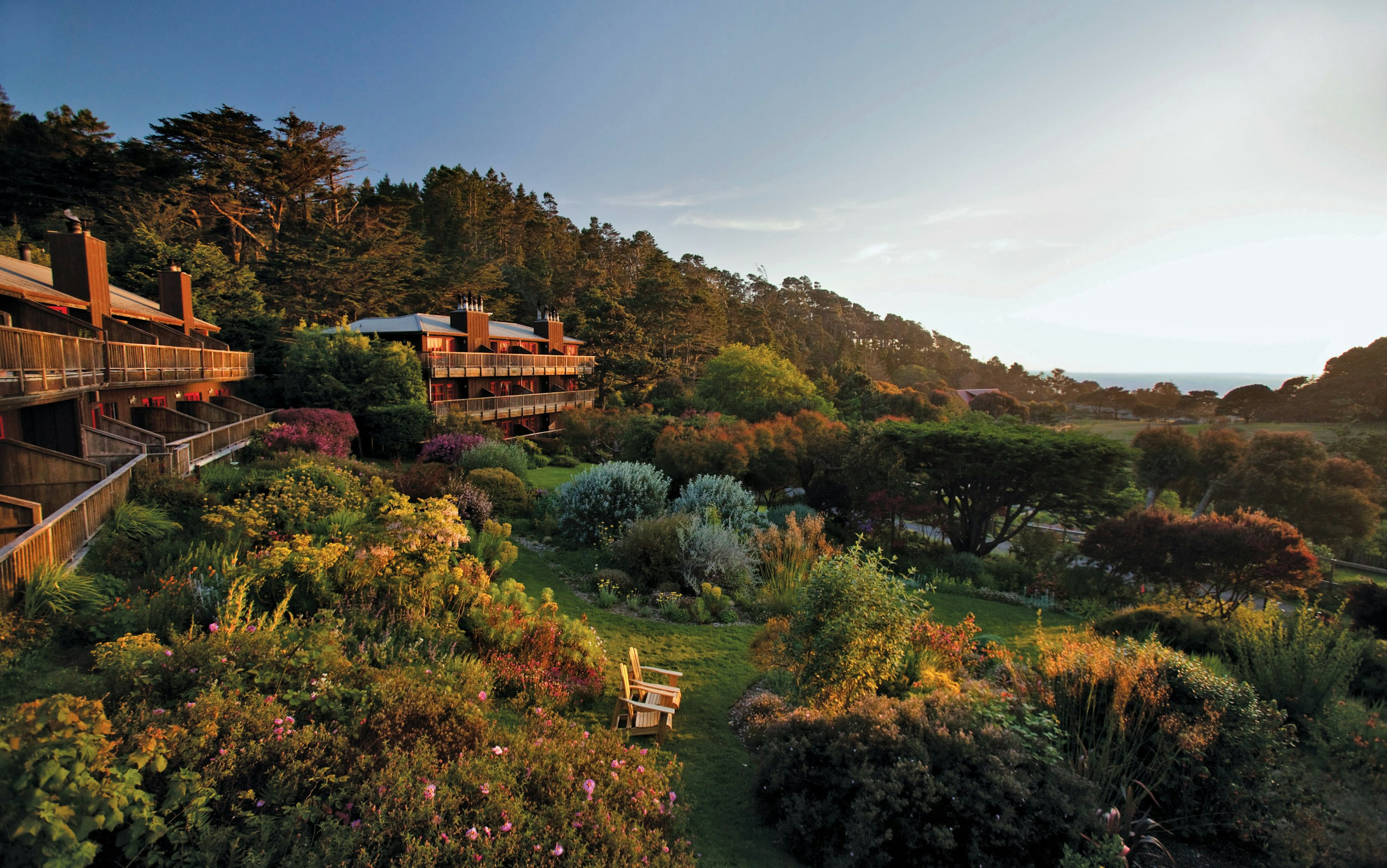 Exterior view of the Stanford Inn By the Sea, which is tucked away among a row of manicured trees and green grass.