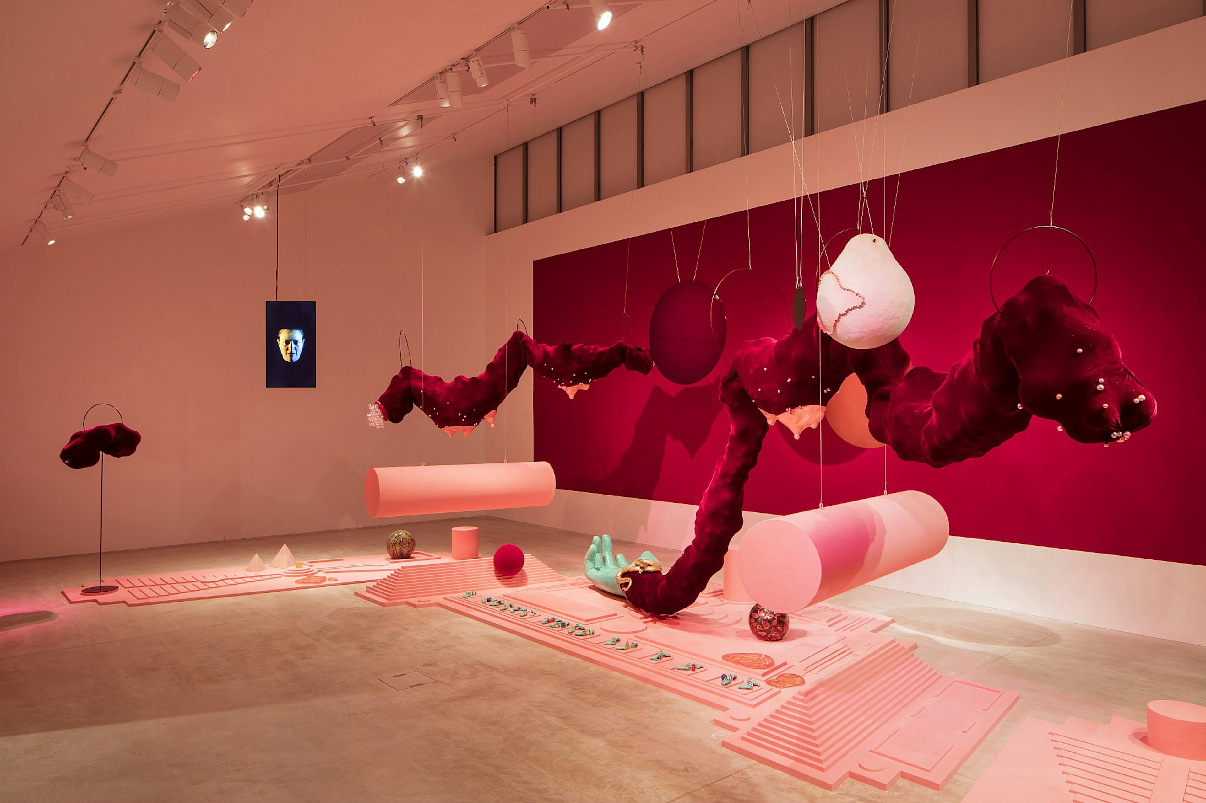 Tai Shani's installation for the 2019 Turner Prize; it resembles a red dragon suspended in a pink-lit room among pink cylinders and other shapes and what looks like a temple complex on the floor.