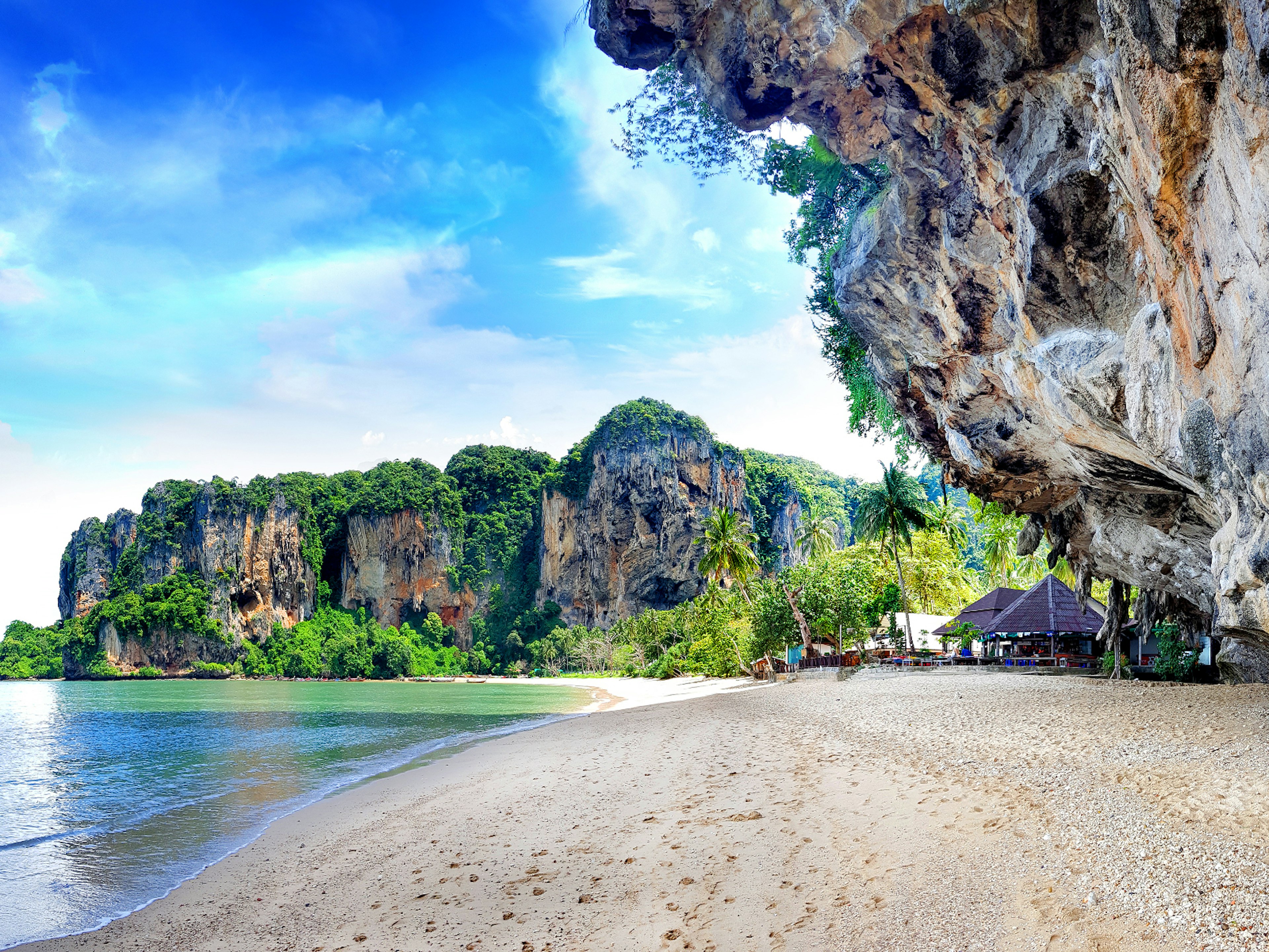 Karst rocks overhanging Tonsai Beach in Thailand