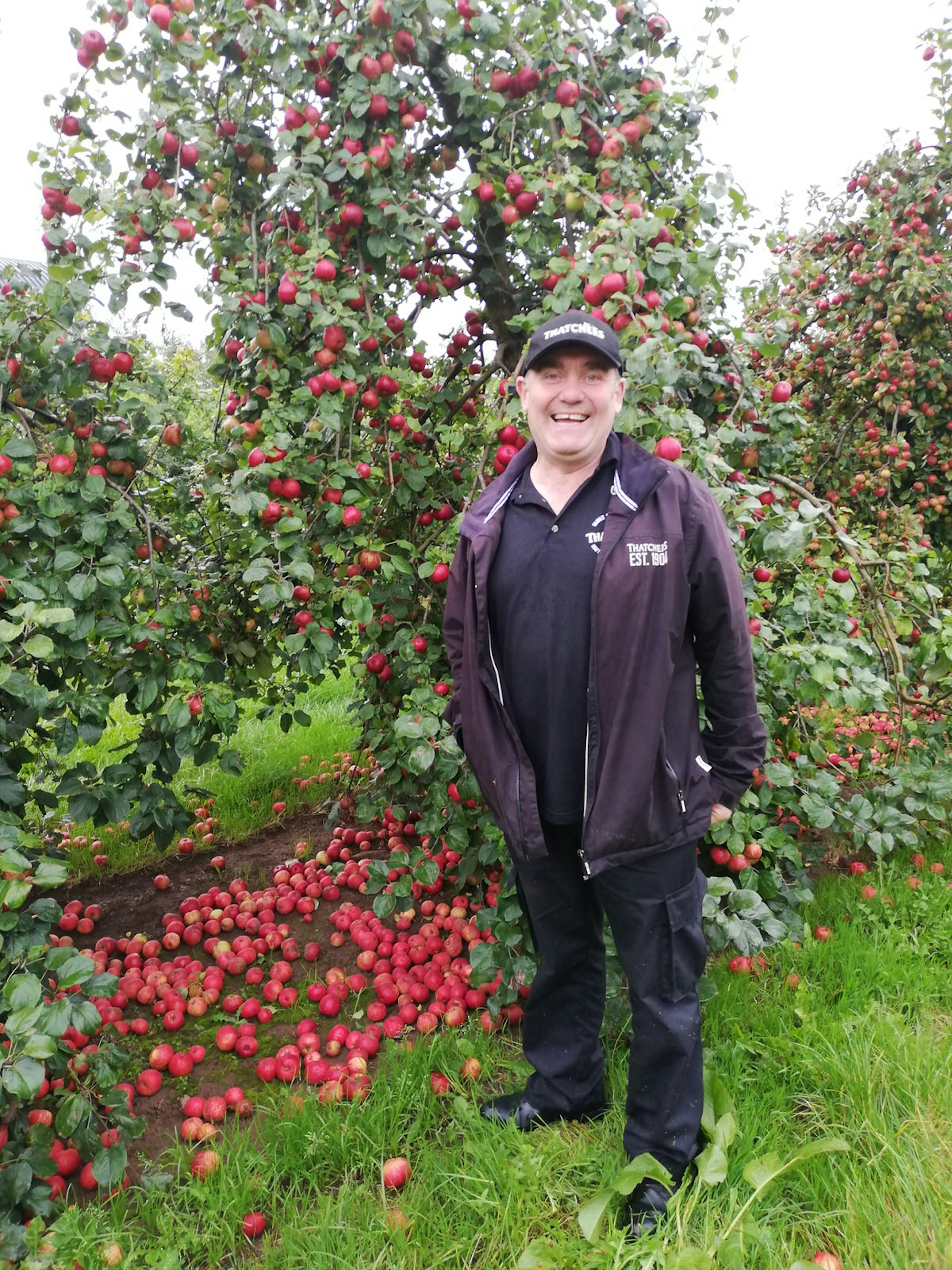 Thatchers Chief Cider Maker, Richard, giving a tour of the 'collection orchard' in Somerset where experimental strains of apple are grown.