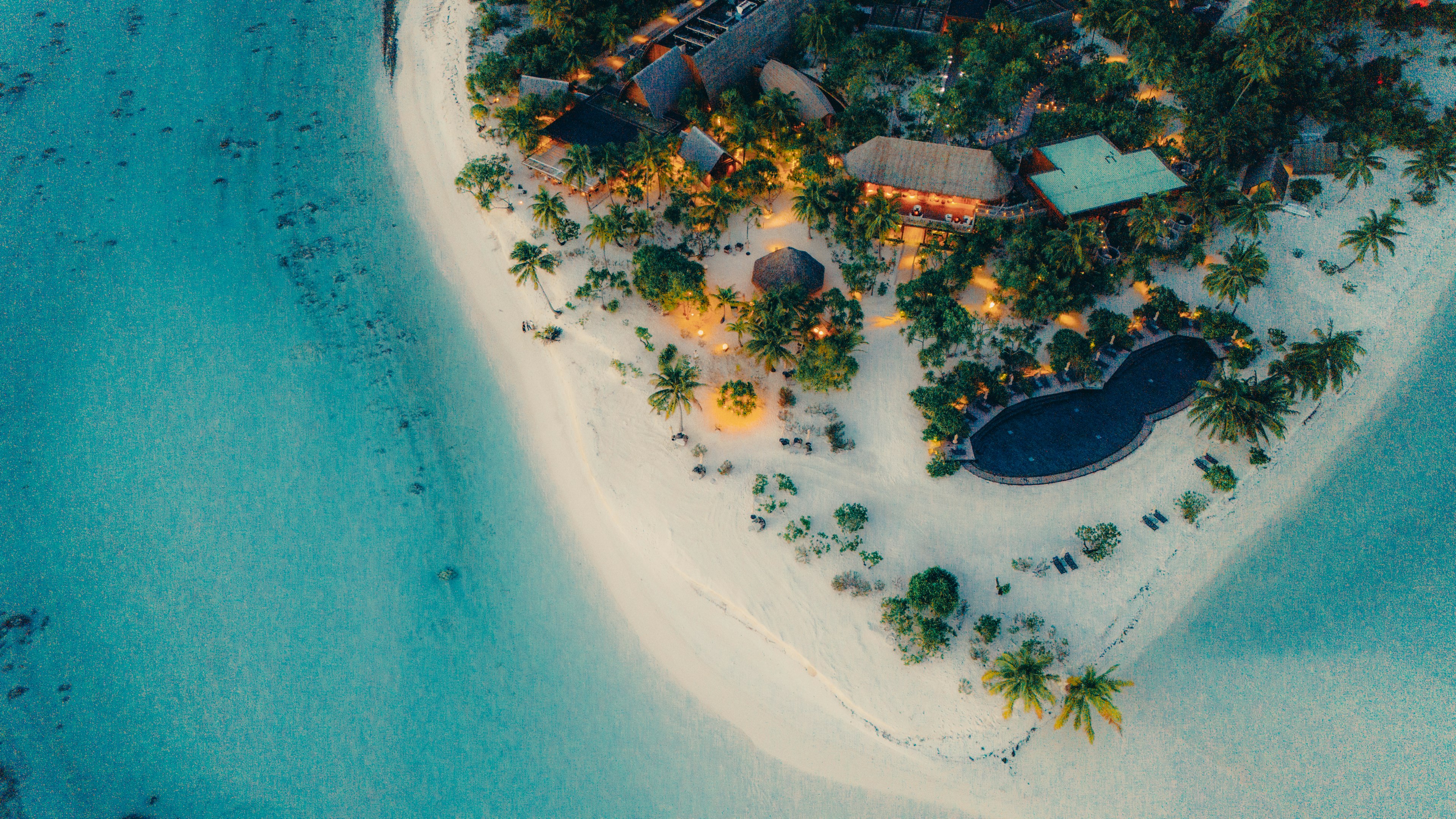 A bird's eye view of a luxury resort with a pool and palm trees right by the ocean