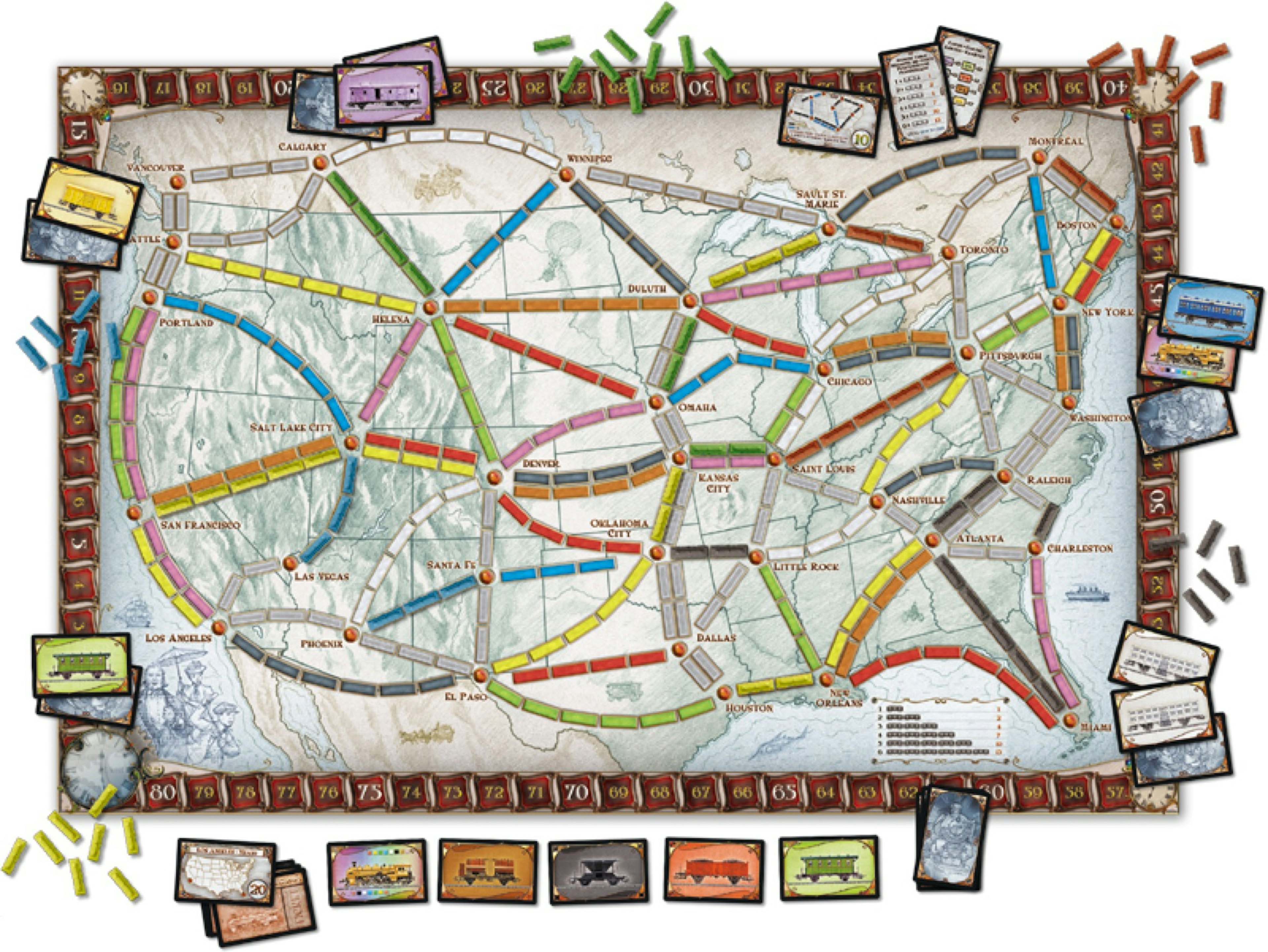 The board game Ticket to Ride is laid out on a white background