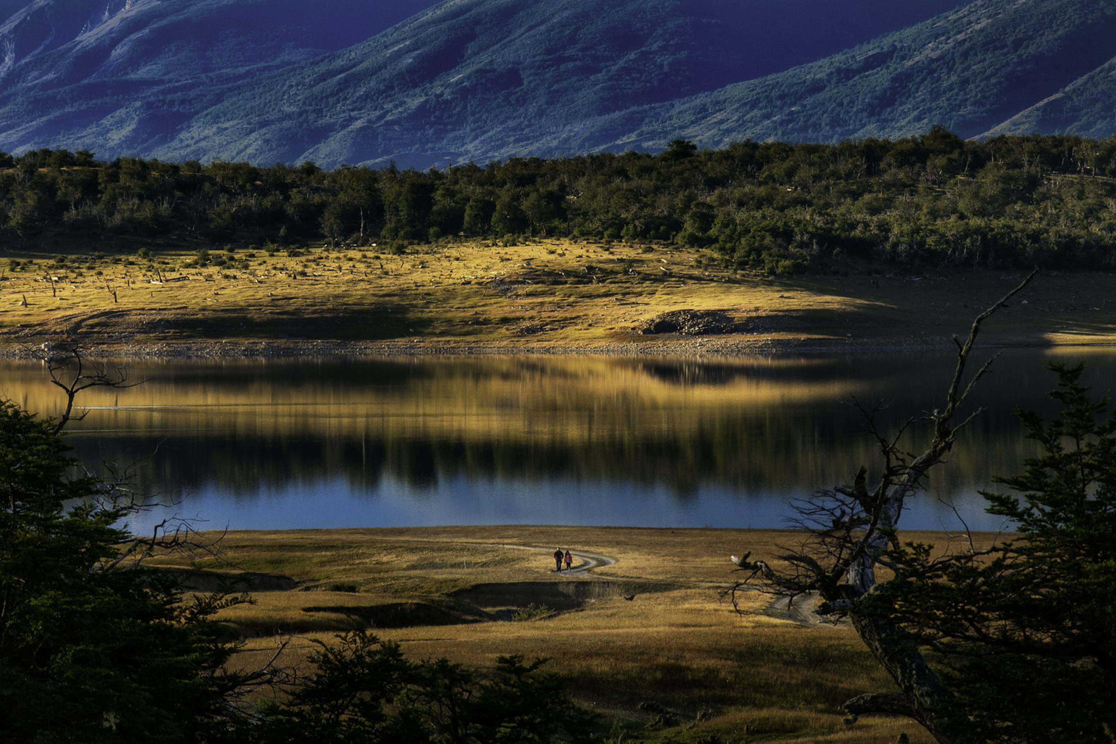 A pair of trekkers walk towards a lake long a dirt track; the shore of the lake is covered in golden grass and is backed by evergreen forests. In the distance are tree covered mountains.