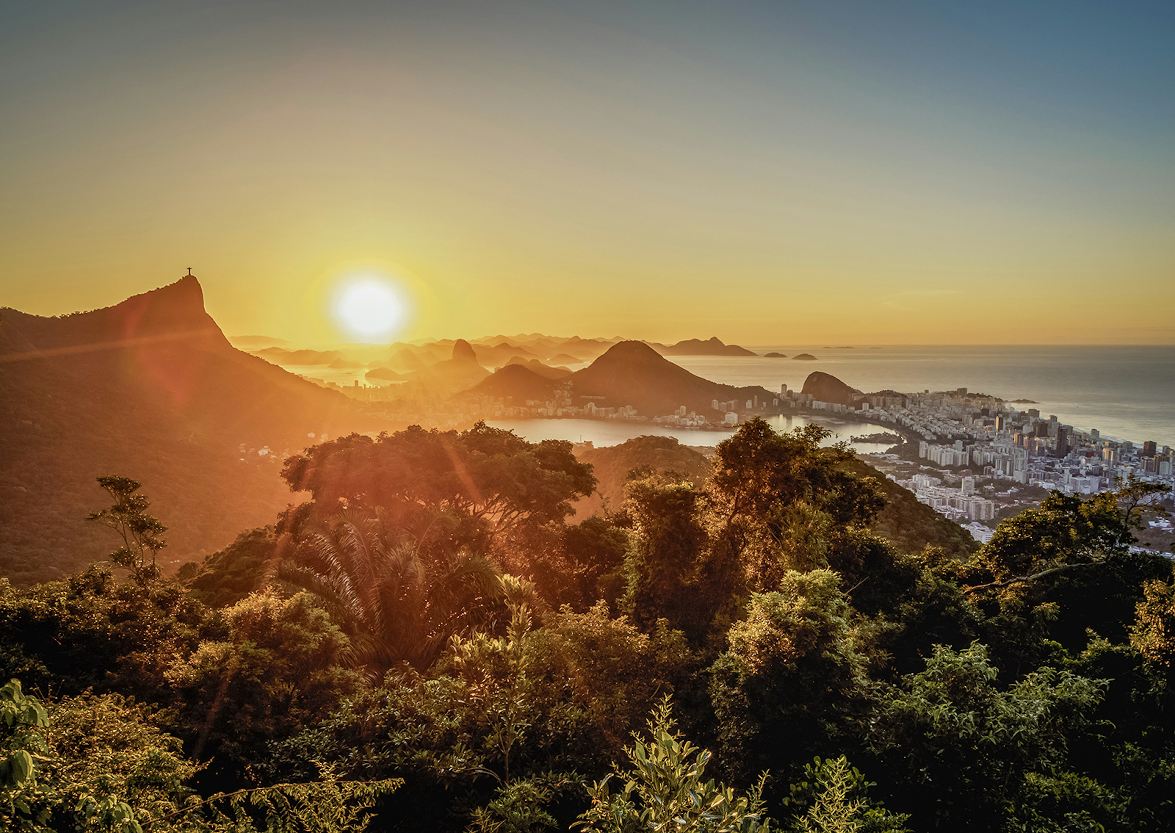 An overhead view of Rio with treetops in the foreground and the orange sun setting to the left of image