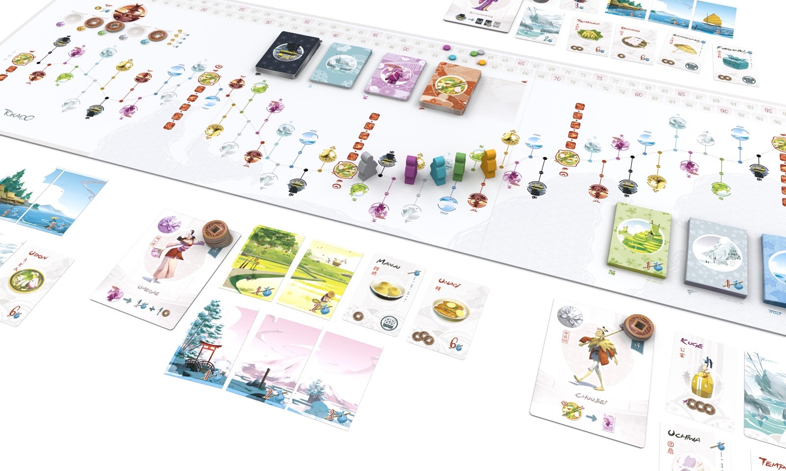 The board game Tokaido is laid out on a white background