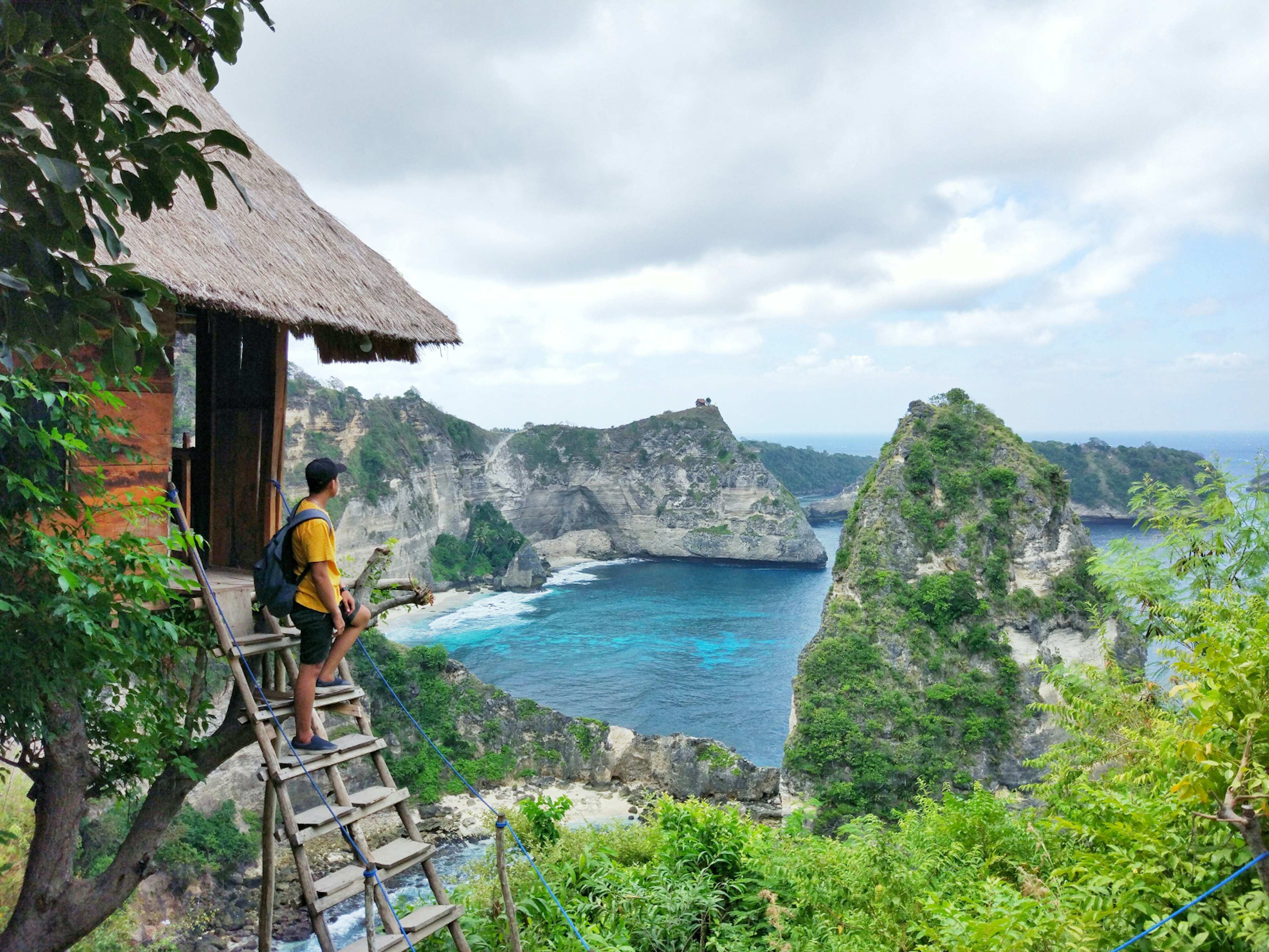 A young boy staring out over the coastline from a tree house