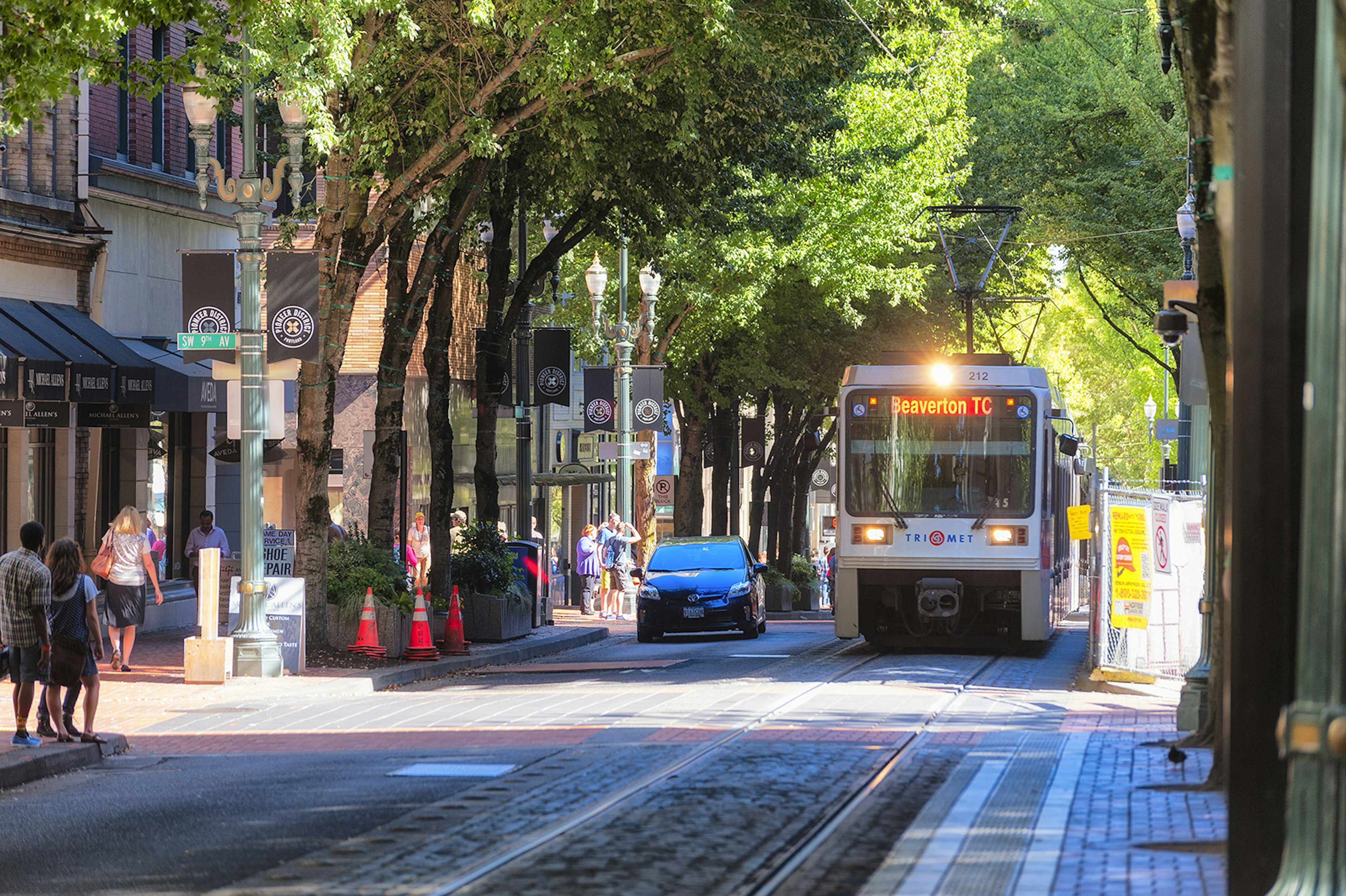 The TriMet Max Train passes through downtown Portland, Oregon