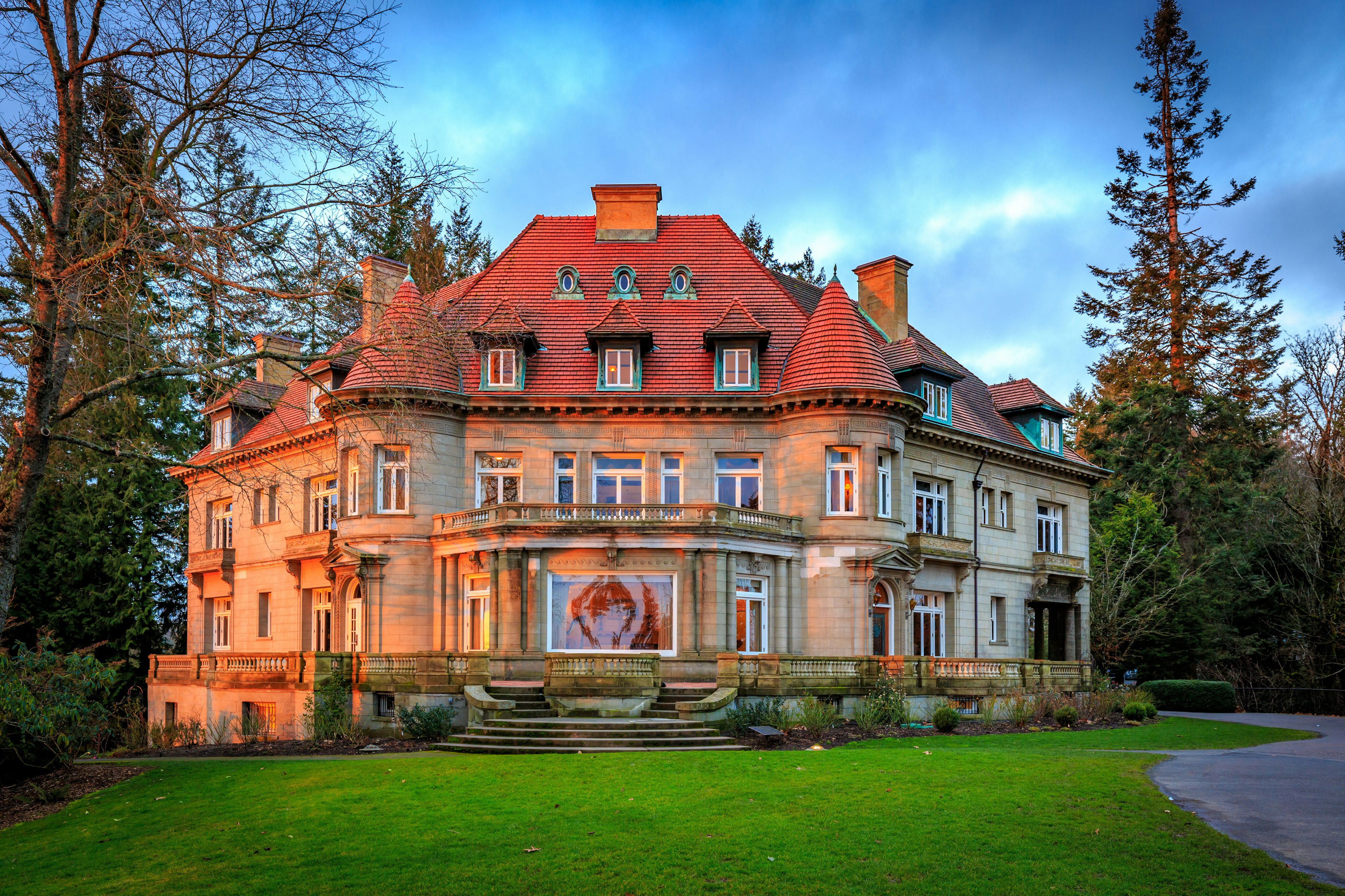 Pittock Mansion in spooky afternoon light in Portland, Oregon.