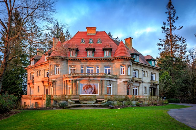 Pittock Mansion in spooky afternoon light in Portland, Oregon.
