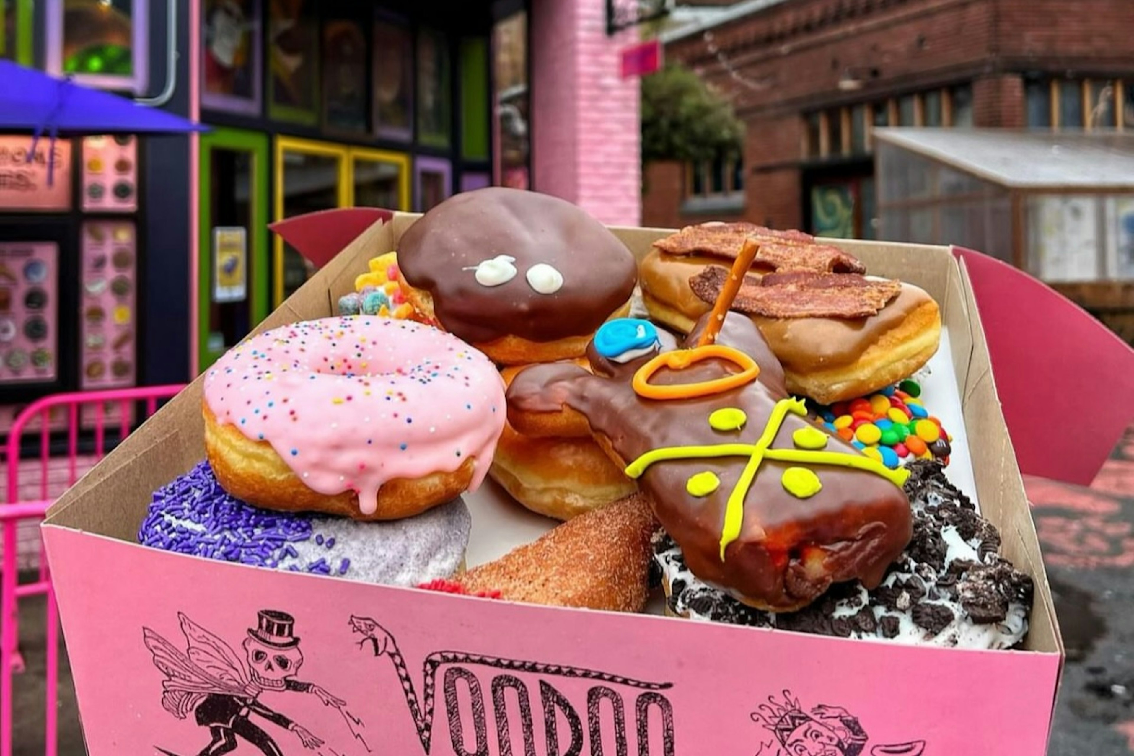 Seasonal doughnuts for Halloween at Voodoo Doughnuts in Portland, Oregon.