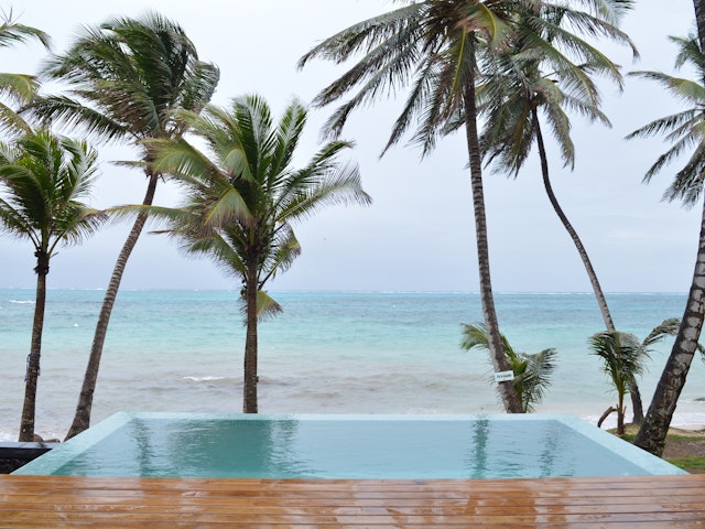 Heavy rain over a plunge pool at Yemaya Island Hideaway and Spa, Little Corn Island, Nicaragua