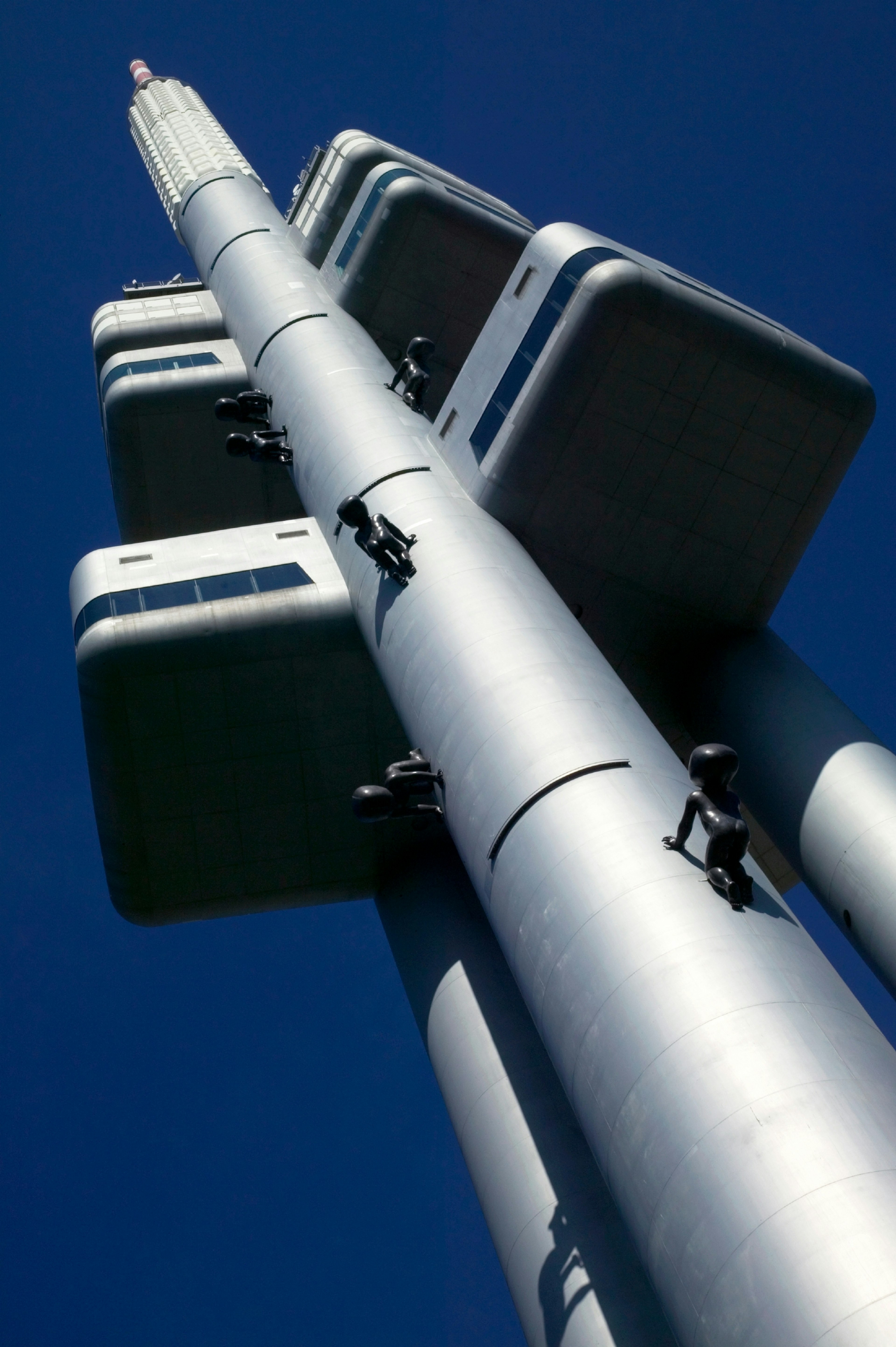 Exterior of the Zizkov TV Tower in Prague with giant model babies on the sides