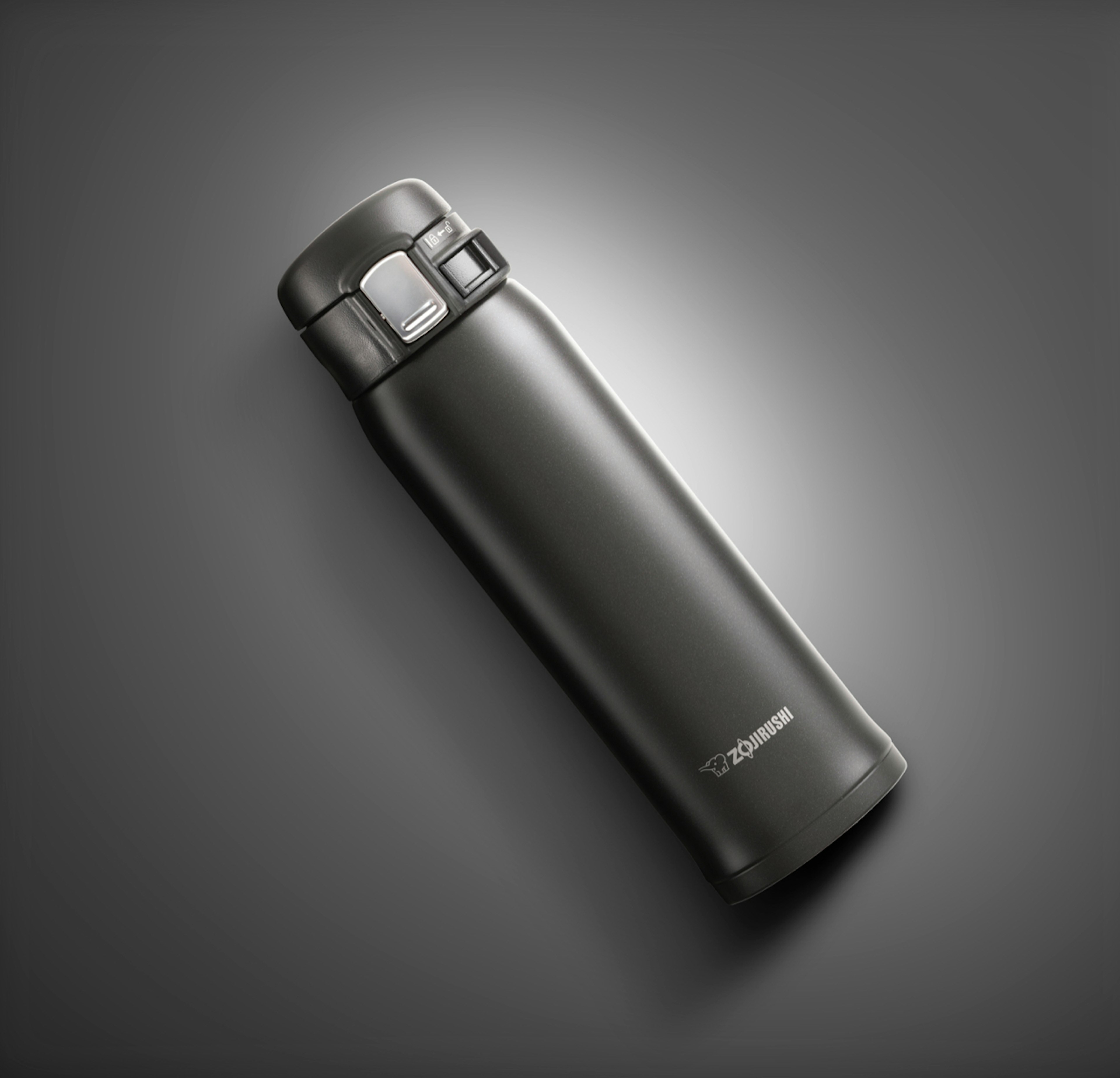 Zojirushi's SM-SHE48BZ thermos in black on a black background